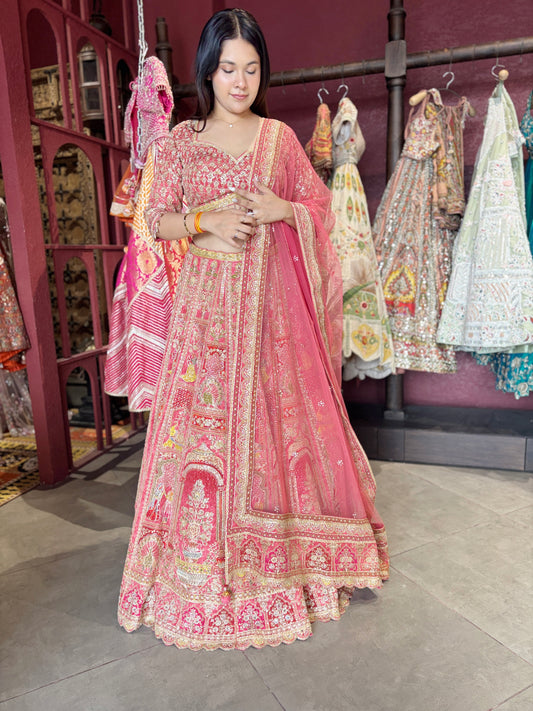 Royal Red Heavy Embroidered Bridal Lehenga with Net Dupatta
