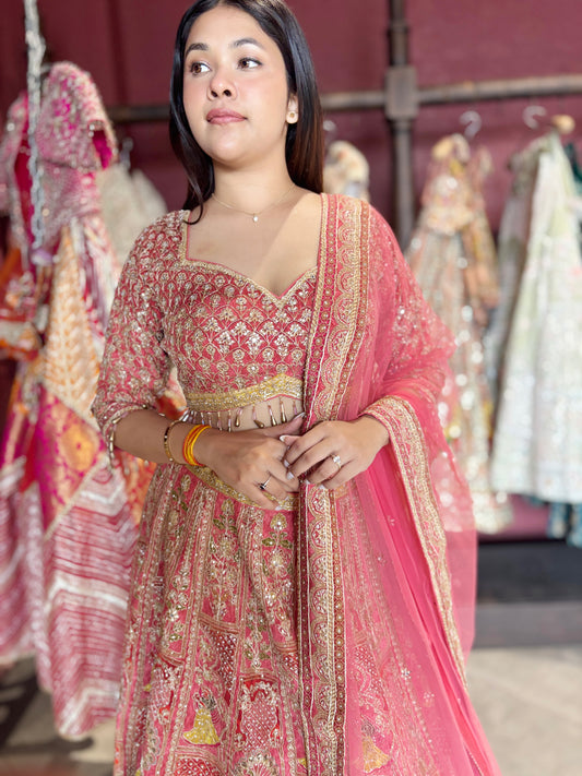 Royal Red Heavy Embroidered Bridal Lehenga with Net Dupatta