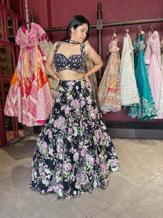 Black Floral Embroidered Designer Lehenga Choli with Dupatta