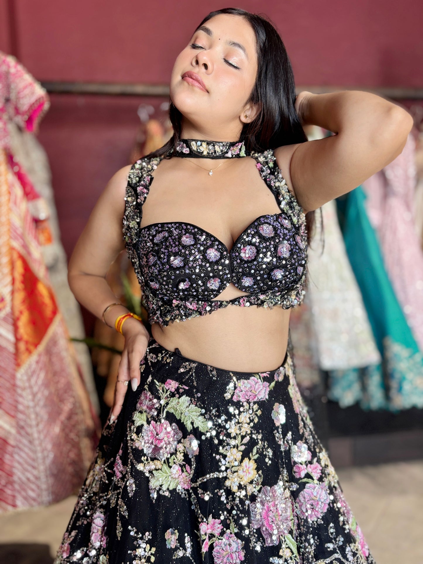 Black Floral Embroidered Designer Lehenga Choli with Dupatta