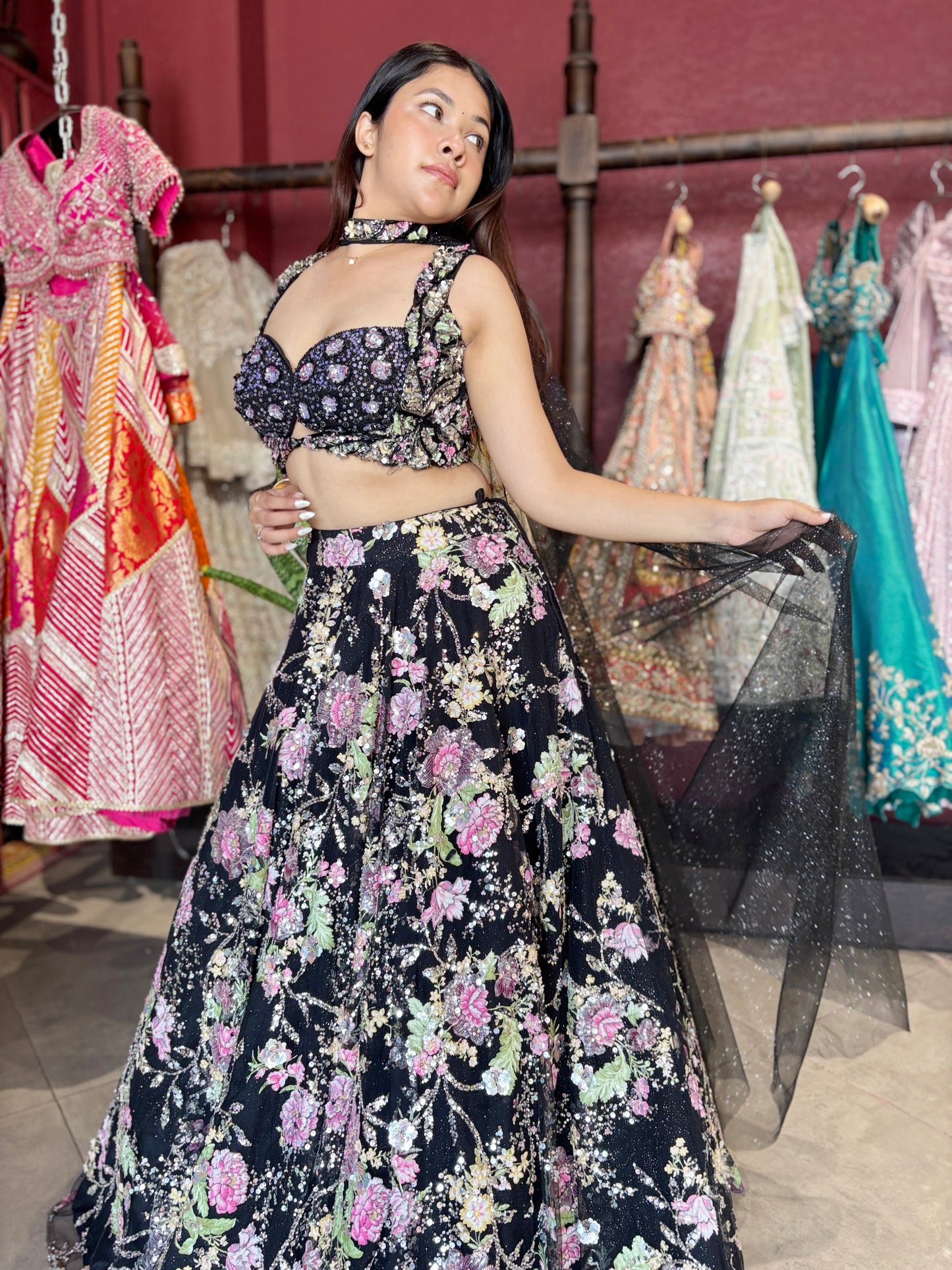 Black Floral Embroidered Designer Lehenga Choli with Dupatta