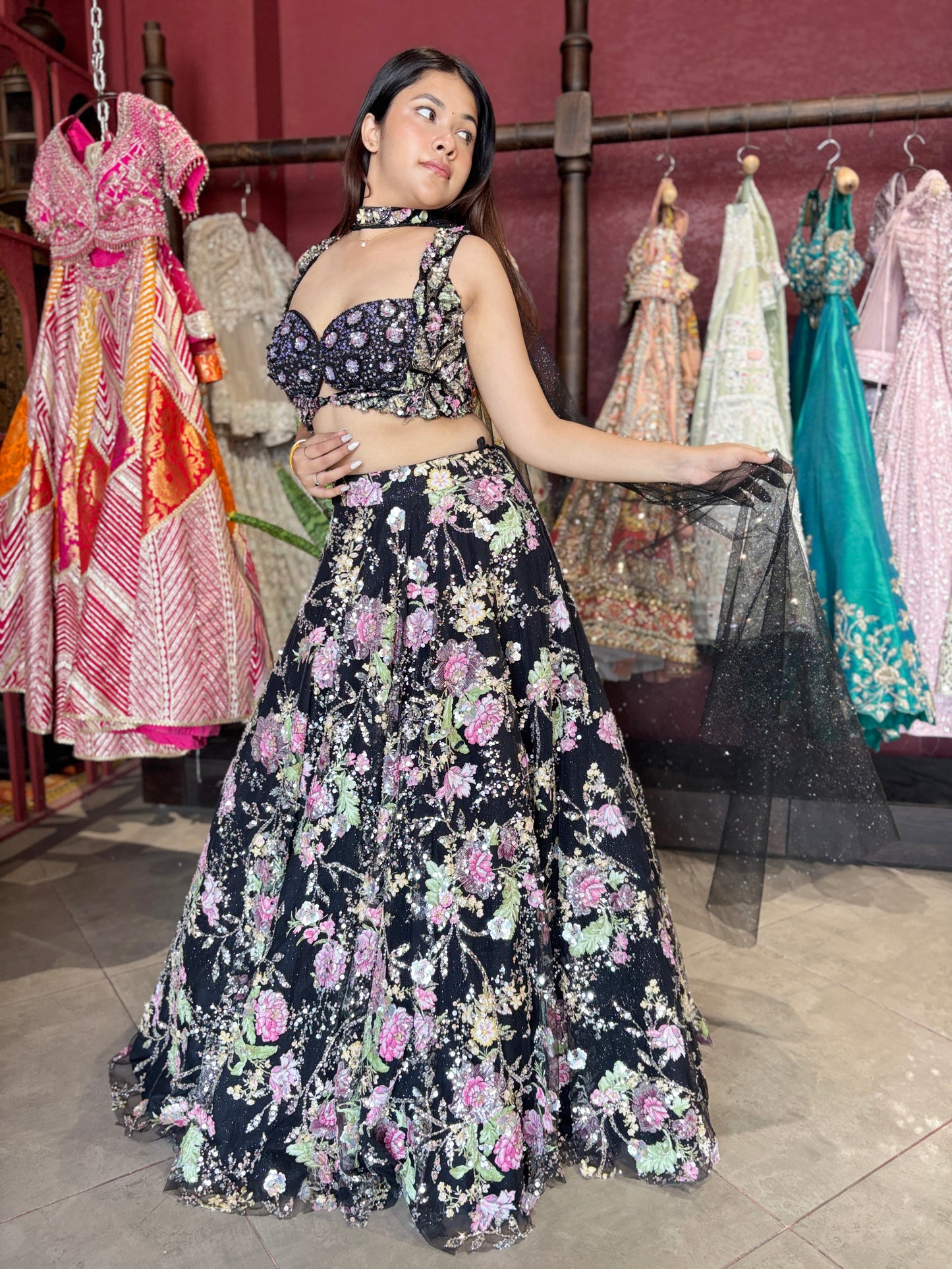 Black Floral Embroidered Designer Lehenga Choli with Dupatta