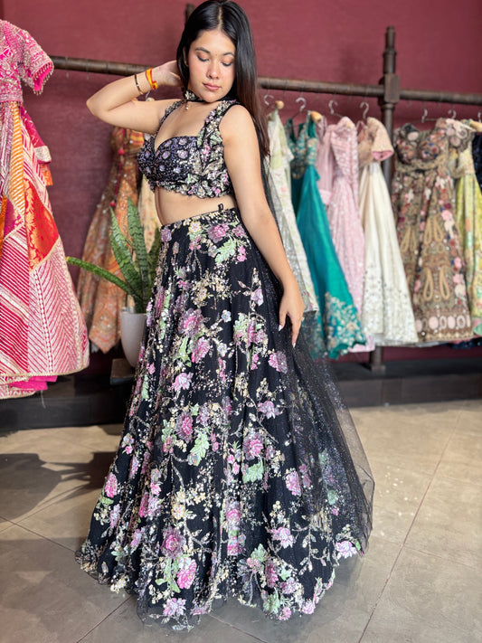 Black Floral Embroidered Designer Lehenga Choli with Dupatta