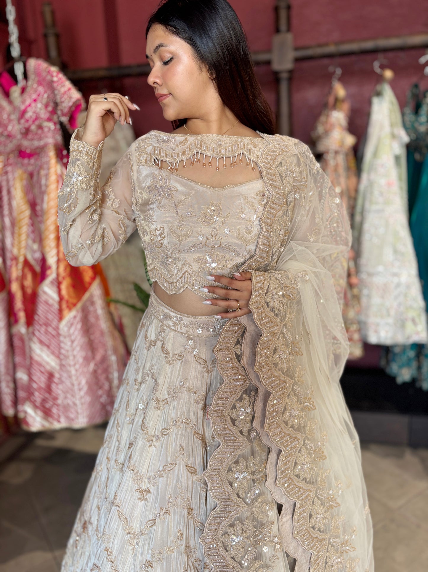 Designer Lehenga with Embellished Blouse and Intricate Dupatta