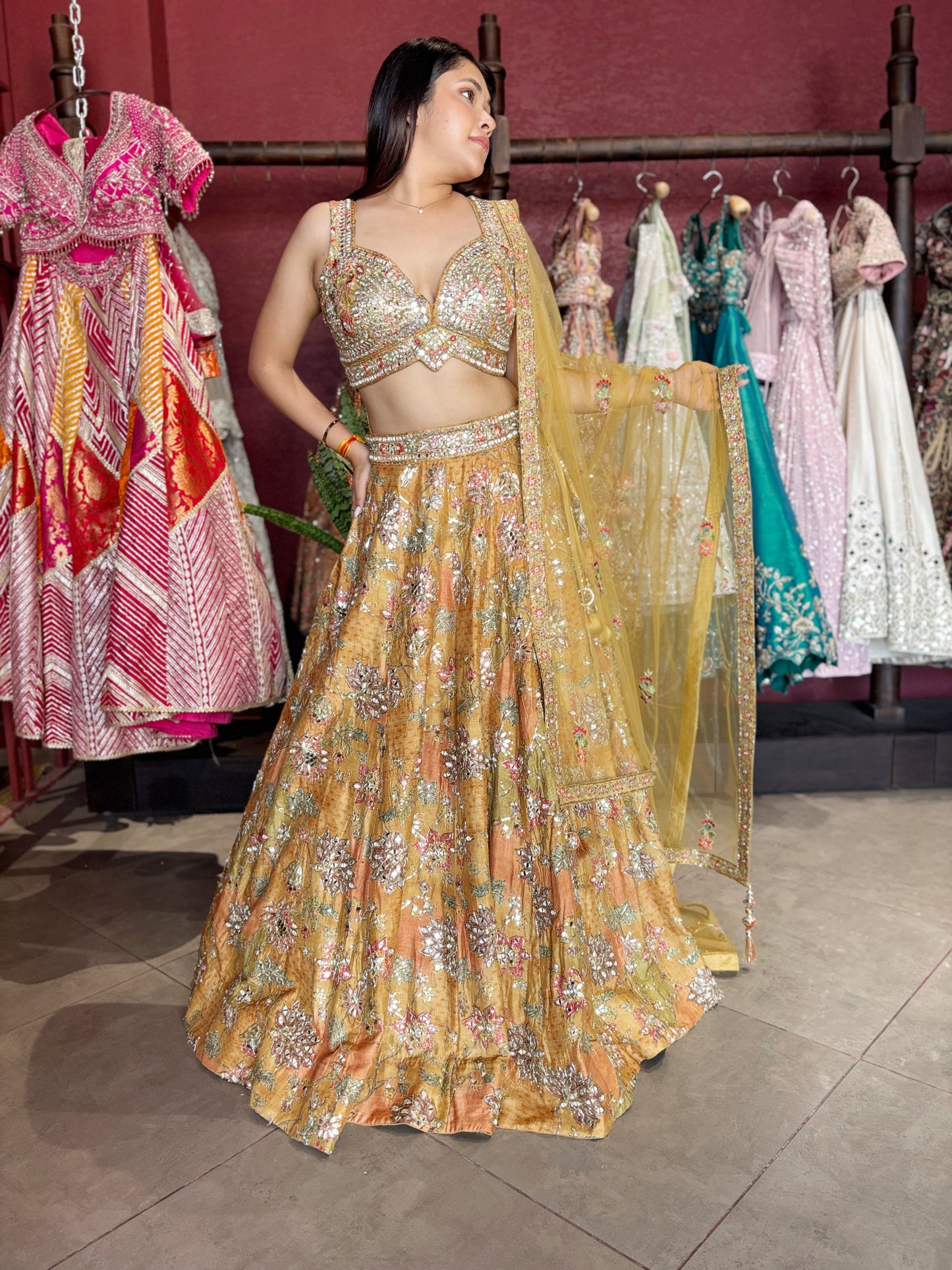 Golden Mustard Silk Lehenga with Mirror & Zari Embroidered Blouse