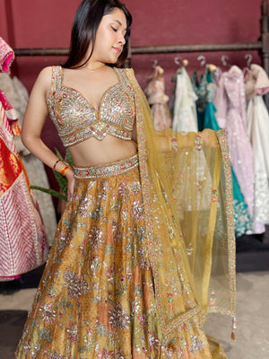 Golden Mustard Silk Lehenga with Mirror & Zari Embroidered Blouse