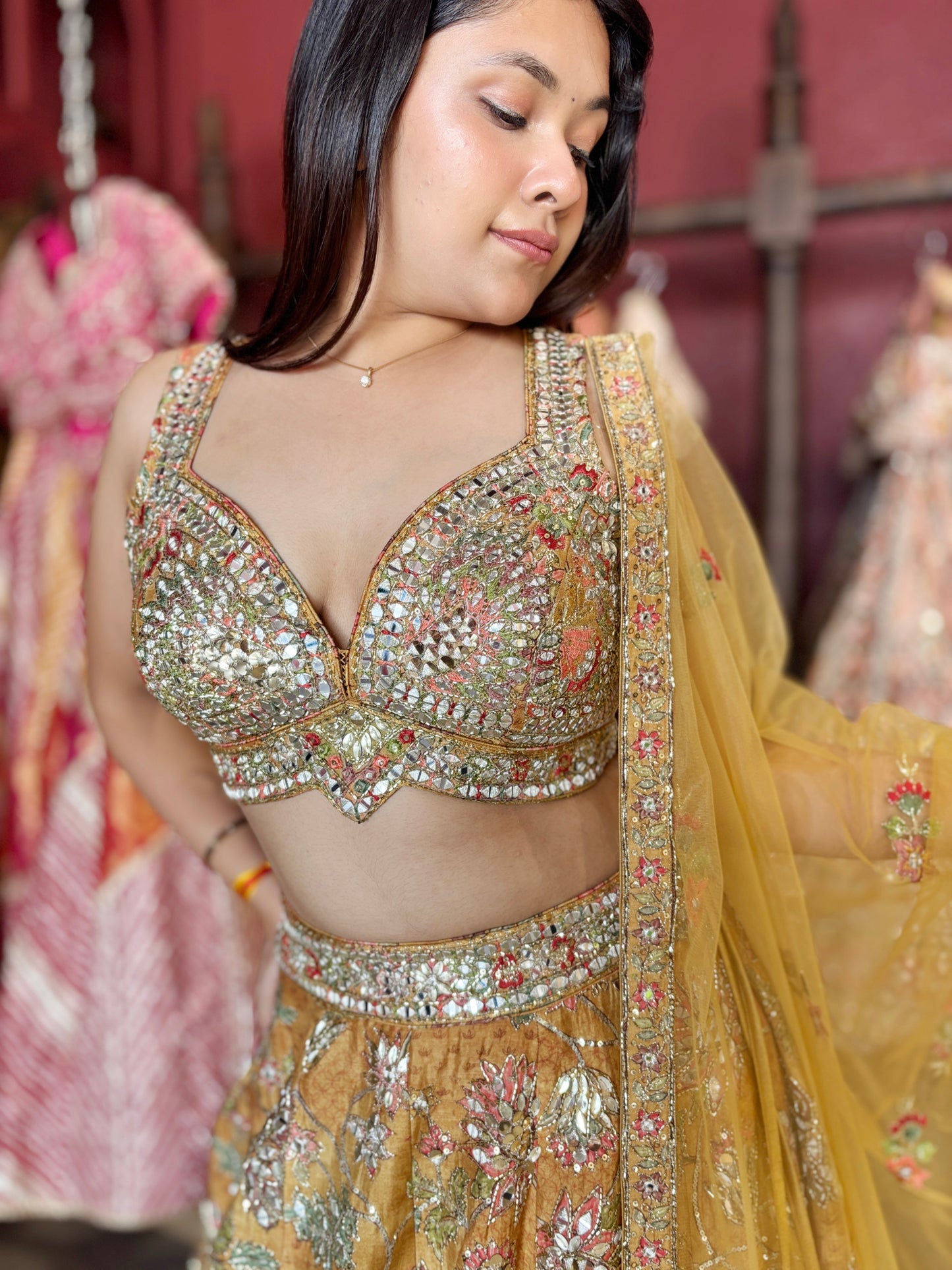 Golden Mustard Silk Lehenga with Mirror & Zari Embroidered Blouse