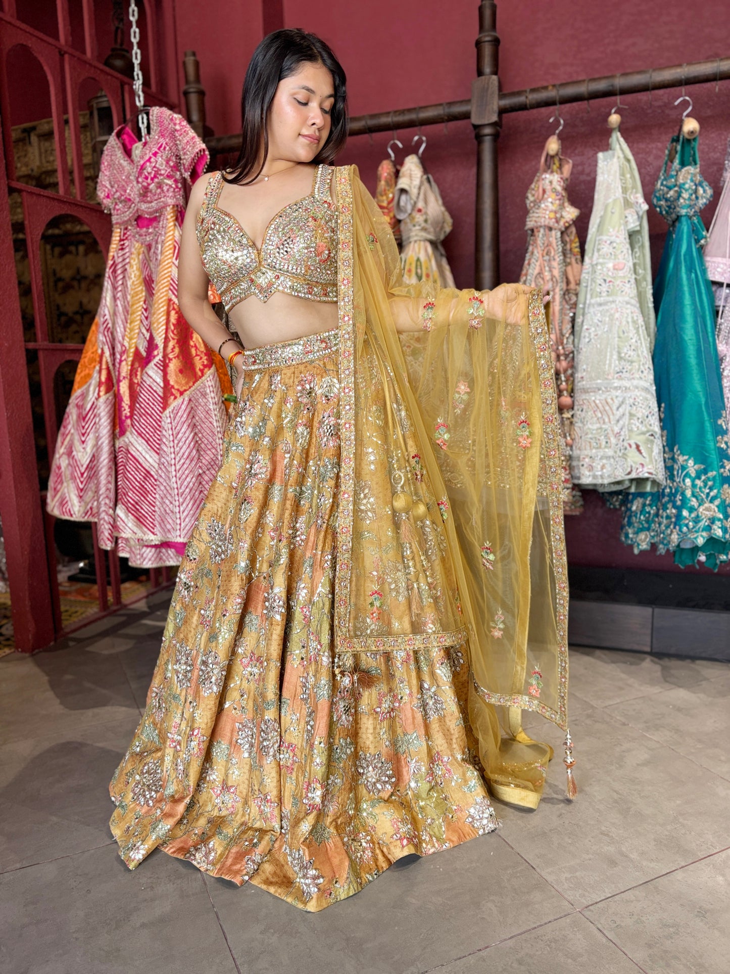 Golden Mustard Silk Lehenga with Mirror & Zari Embroidered Blouse