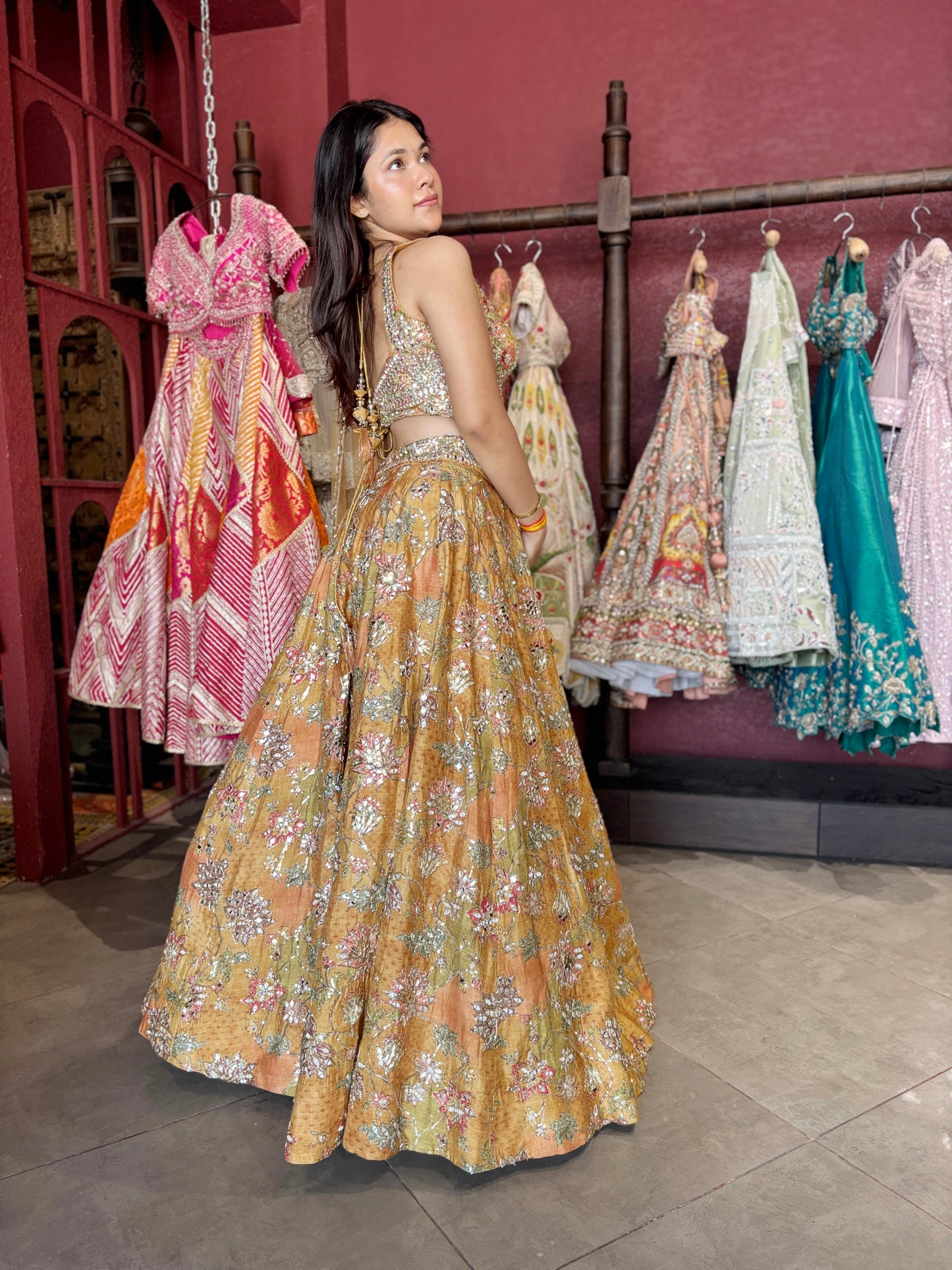 Golden Mustard Silk Lehenga with Mirror & Zari Embroidered Blouse