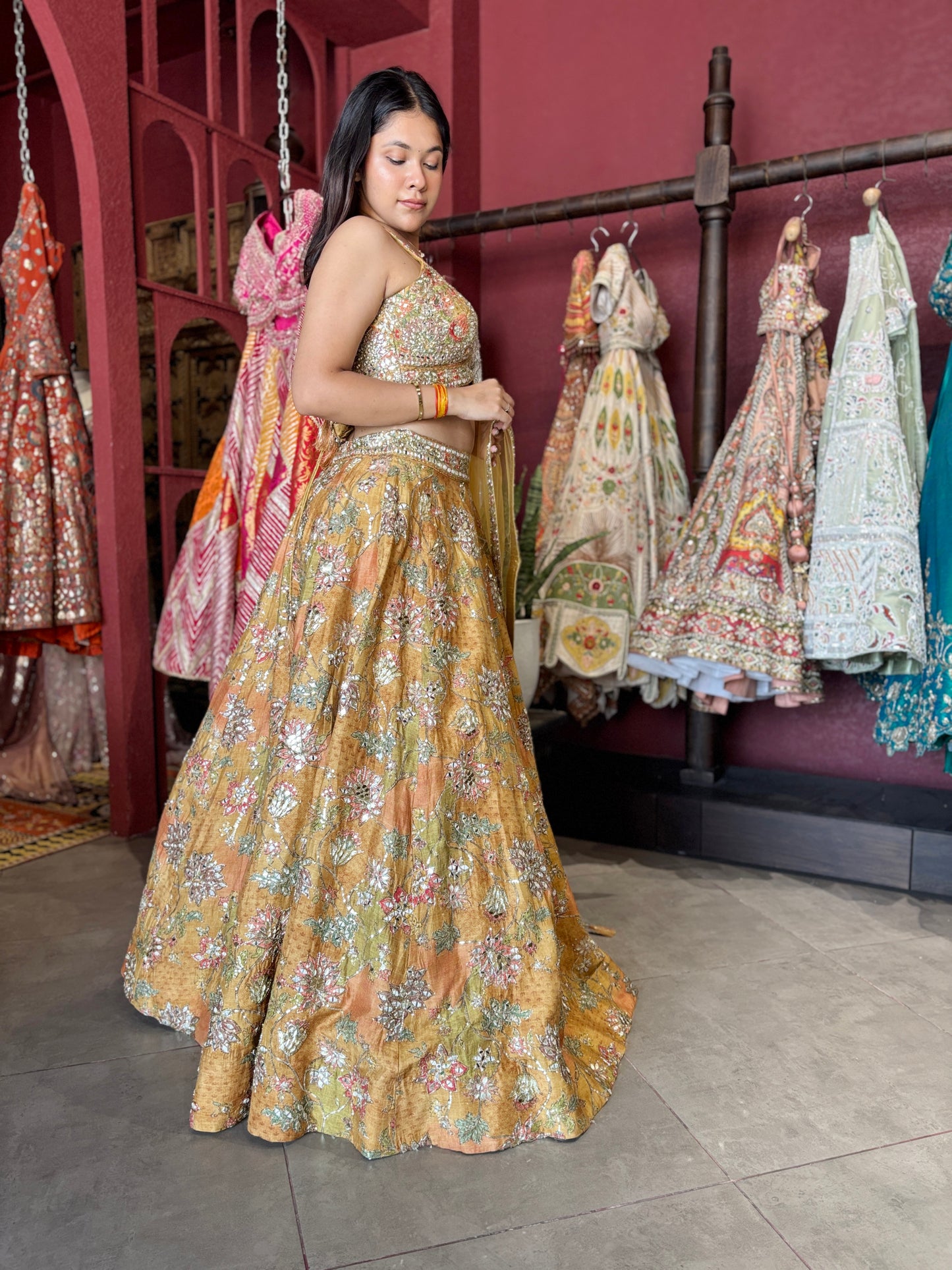 Golden Mustard Silk Lehenga with Mirror & Zari Embroidered Blouse