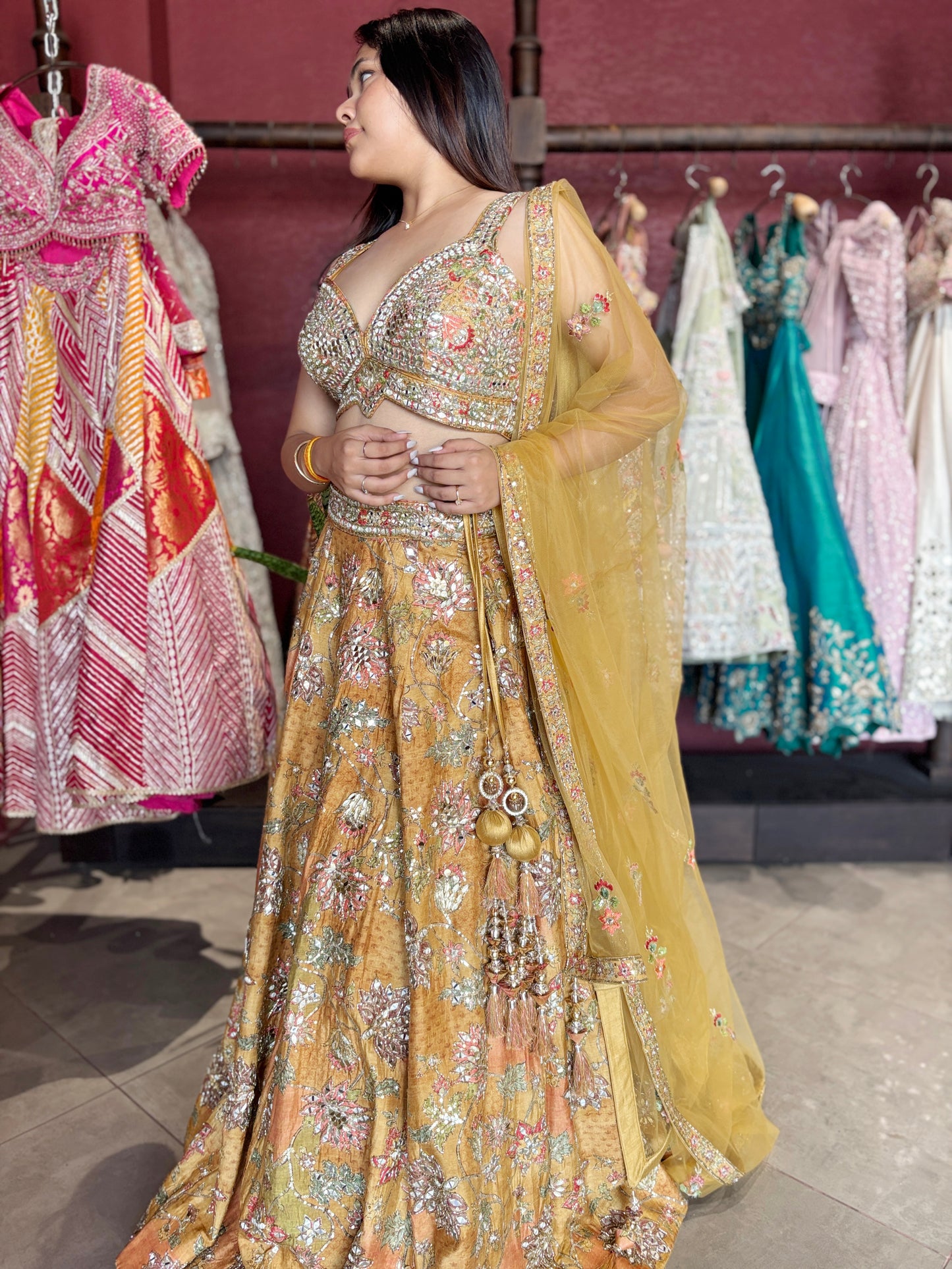 Golden Mustard Silk Lehenga with Mirror & Zari Embroidered Blouse