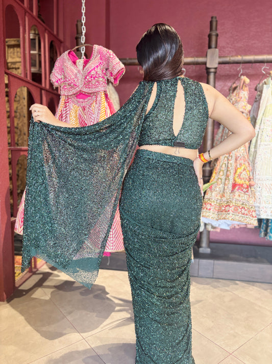 Designer Emerald Green Drape Saree With Designer Blouse