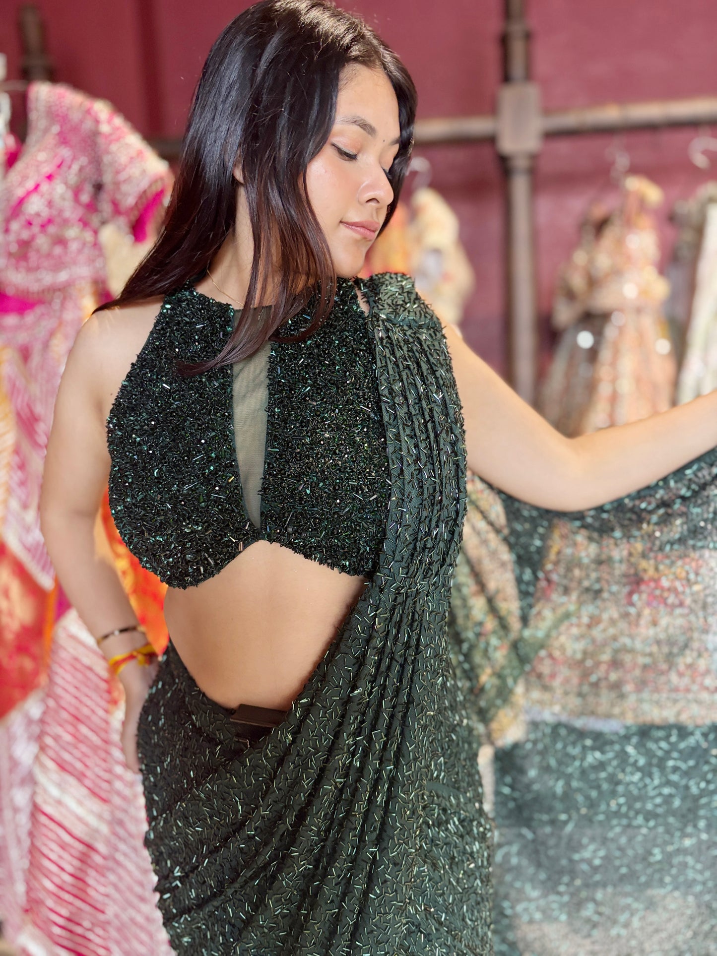 Designer Emerald Green Drape Saree With Designer Blouse