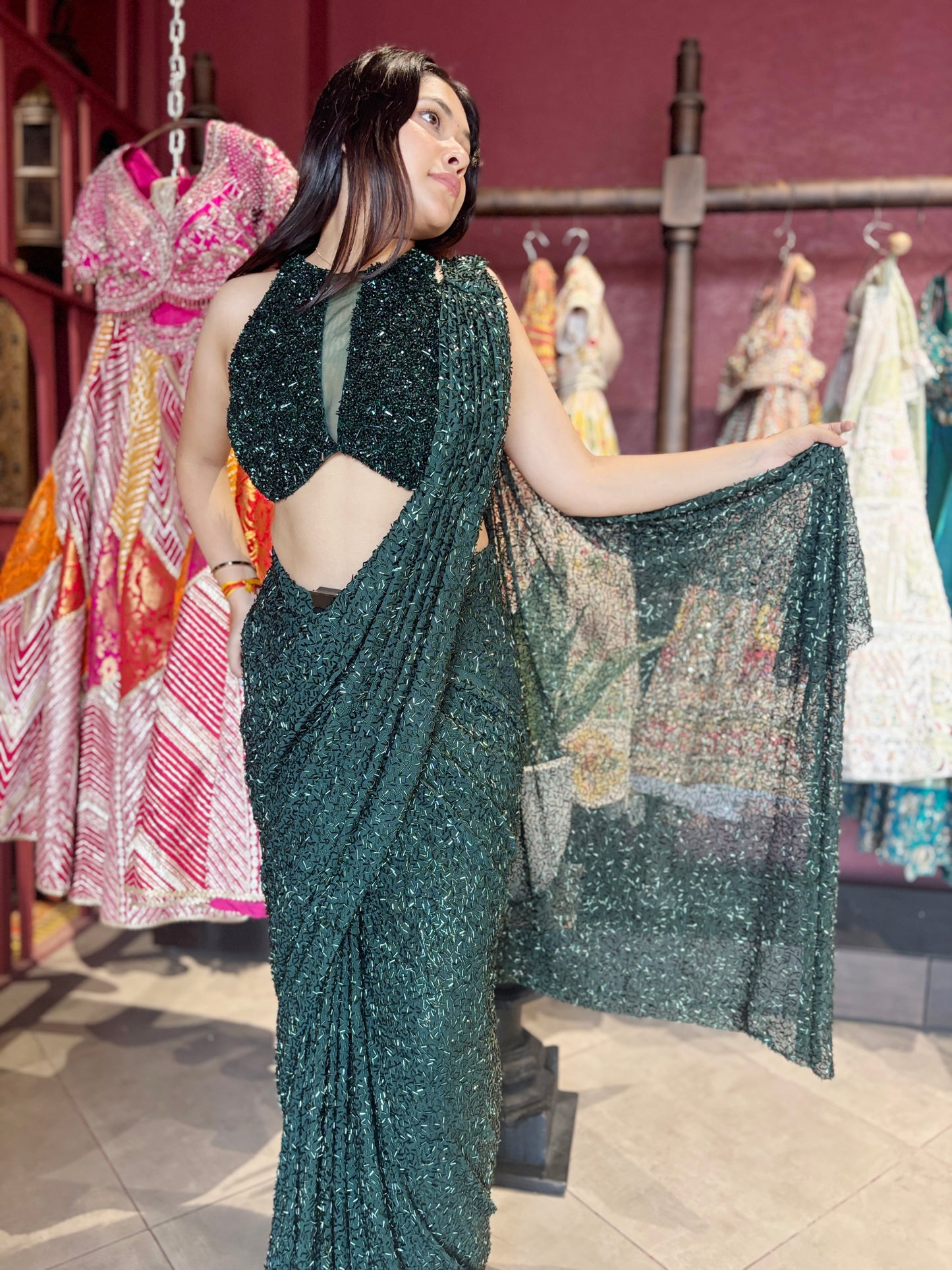 Designer Emerald Green Drape Saree With Designer Blouse