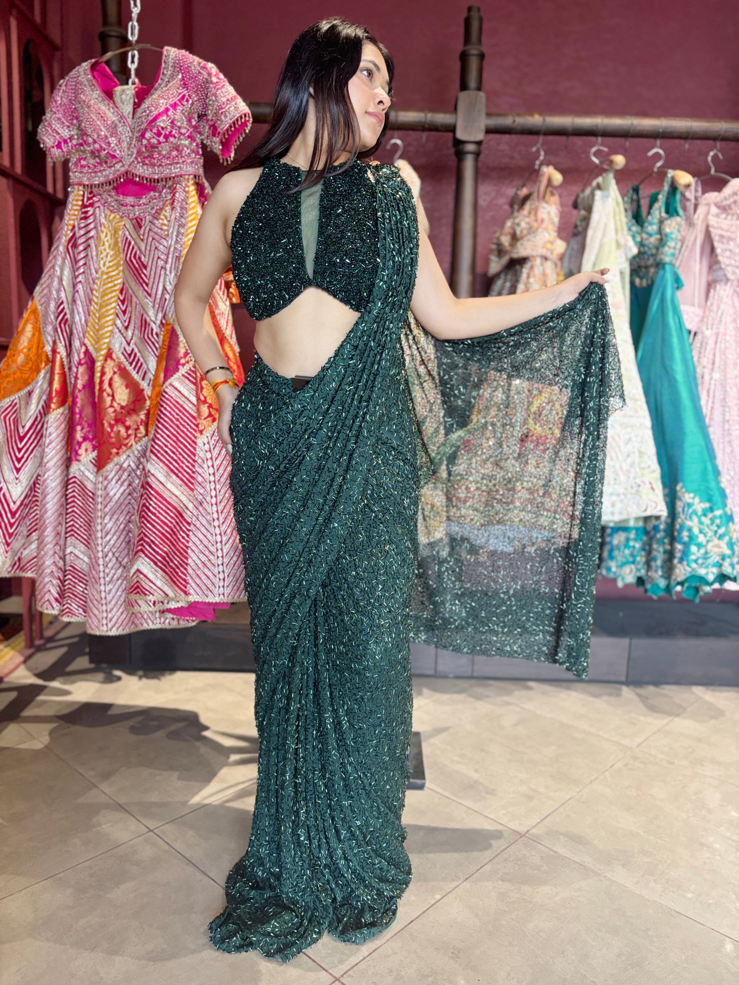 Designer Emerald Green Drape Saree With Designer Blouse
