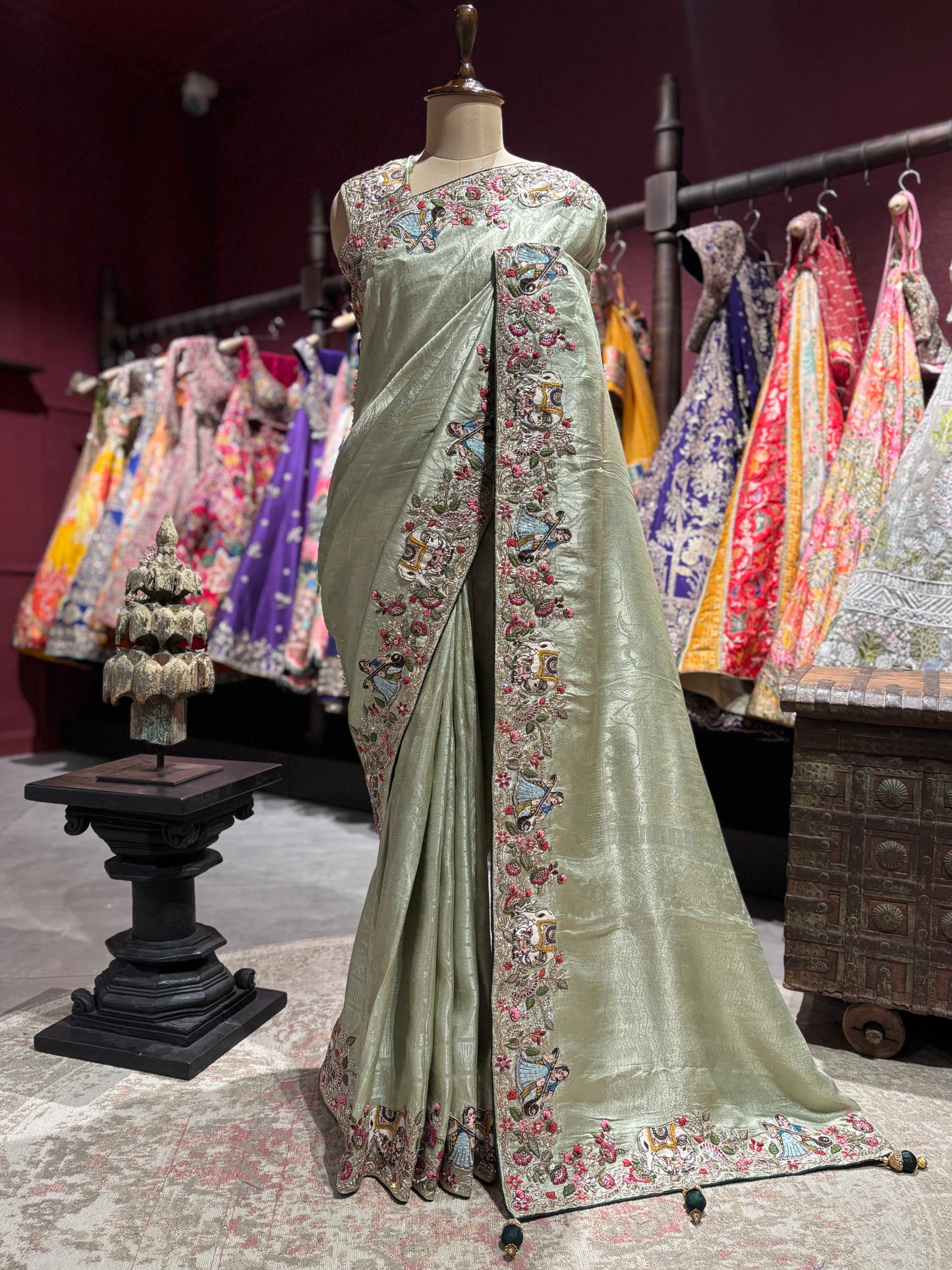 Sage Green Embroidered Saree with Handcrafted Motifs