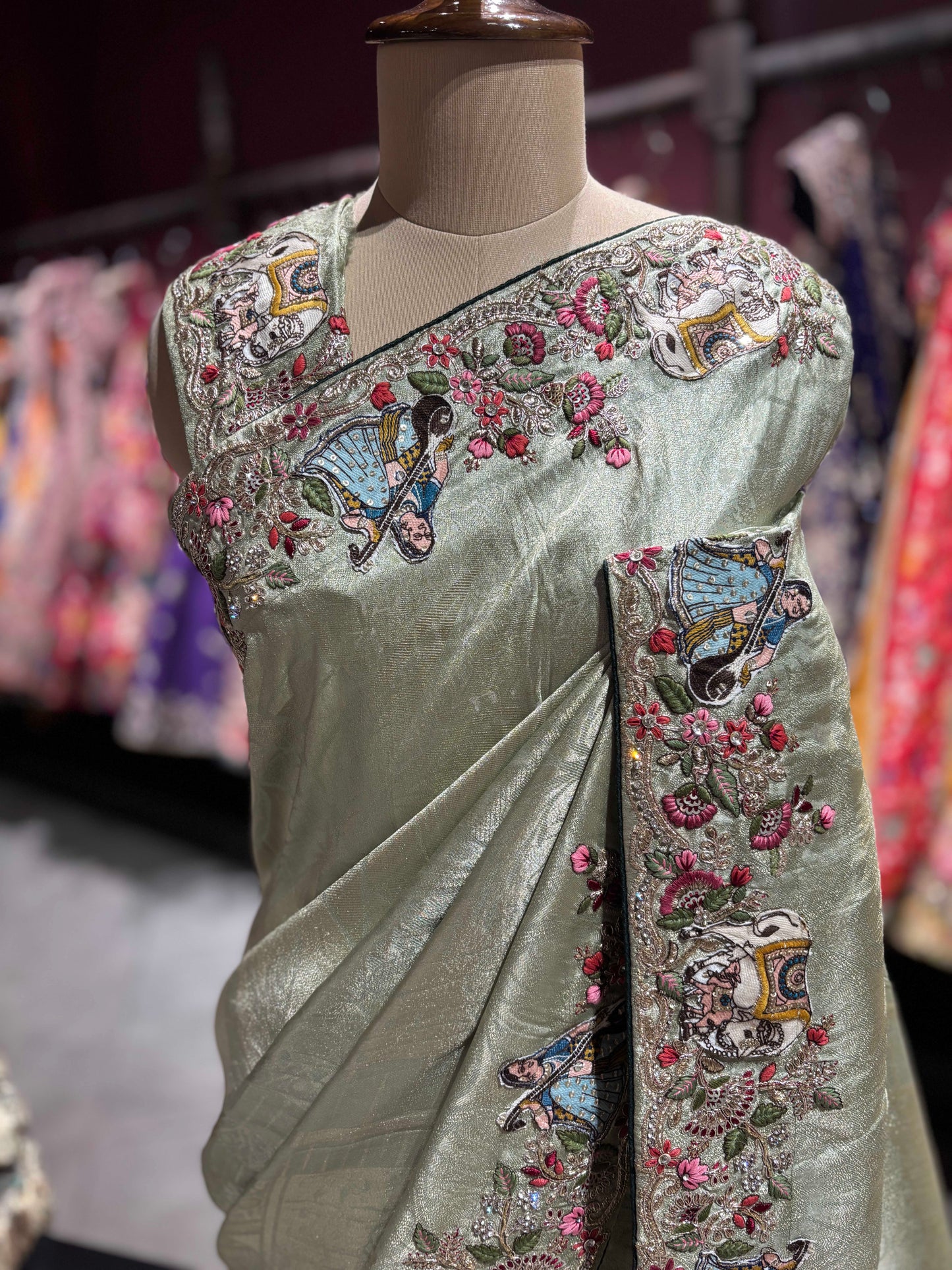 Sage Green Embroidered Saree with Handcrafted Motifs