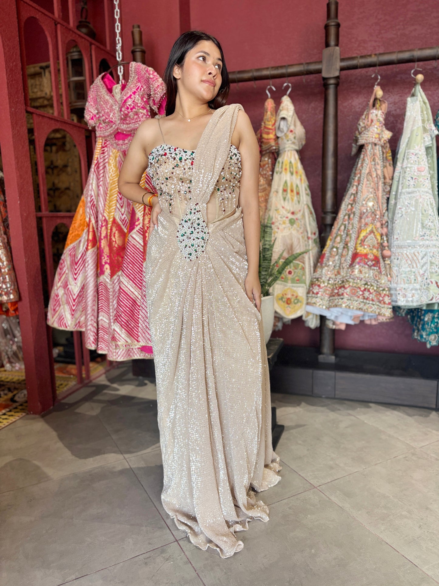 Designer Drape Saree with Multicolor Embellished Designer Blouse