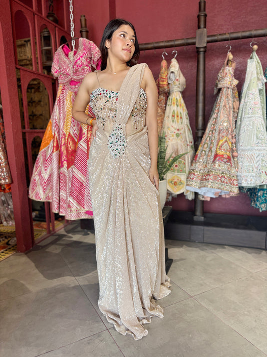 Designer Drape Saree with Multicolor Embellished Designer Blouse