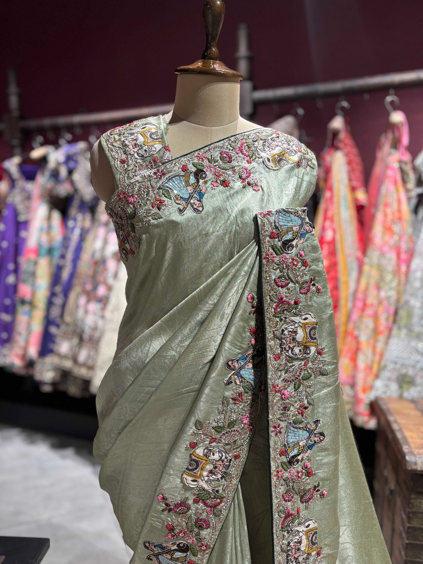 Sage Green Embroidered Saree with Handcrafted Motifs