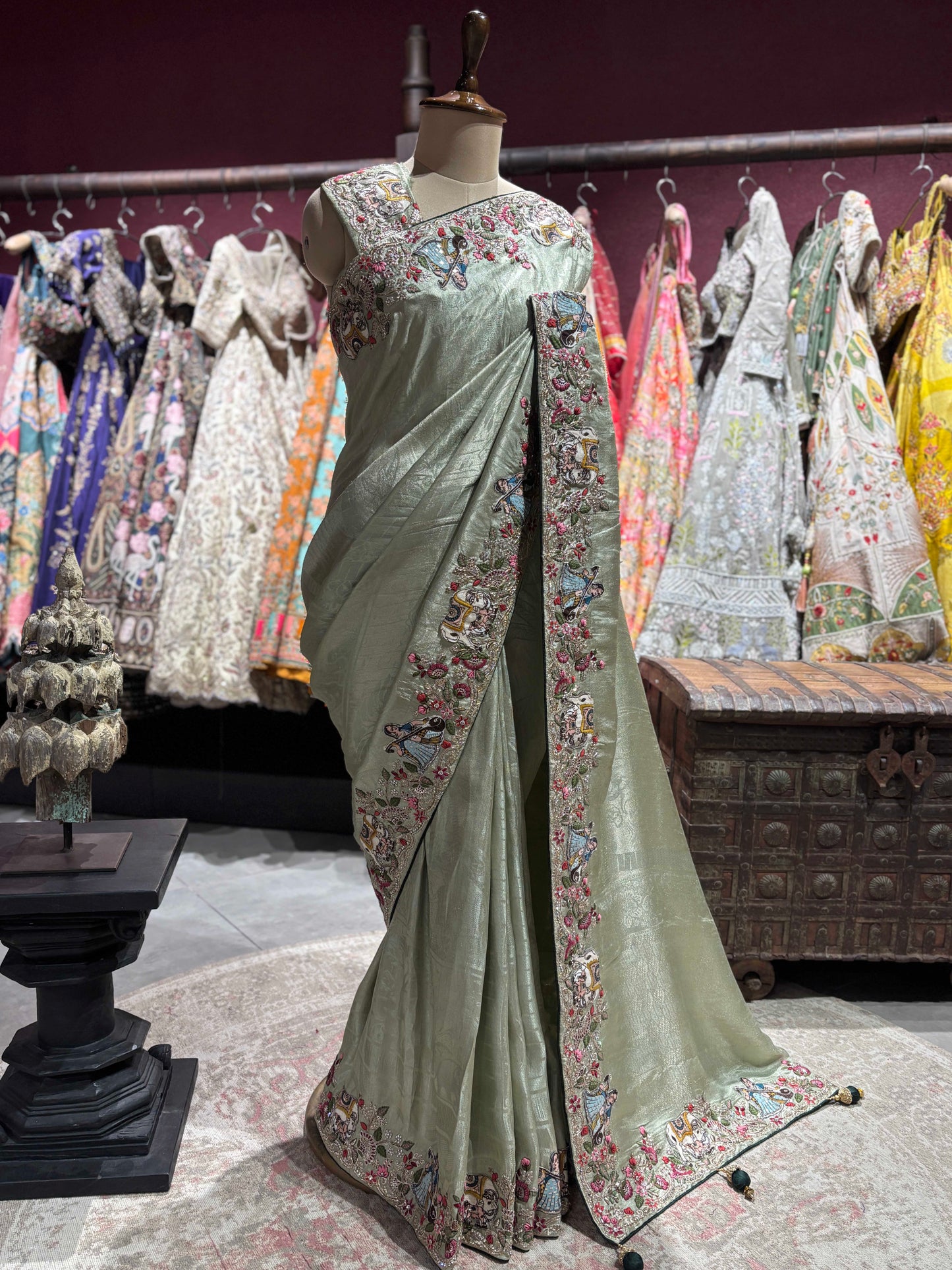 Sage Green Embroidered Saree with Handcrafted Motifs