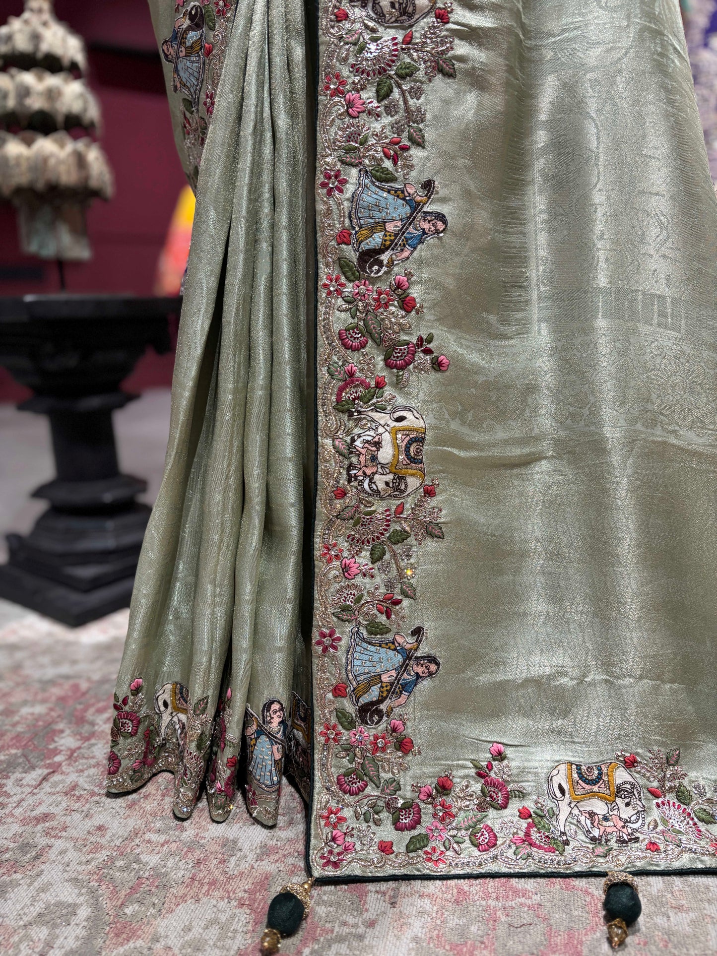 Sage Green Embroidered Saree with Handcrafted Motifs