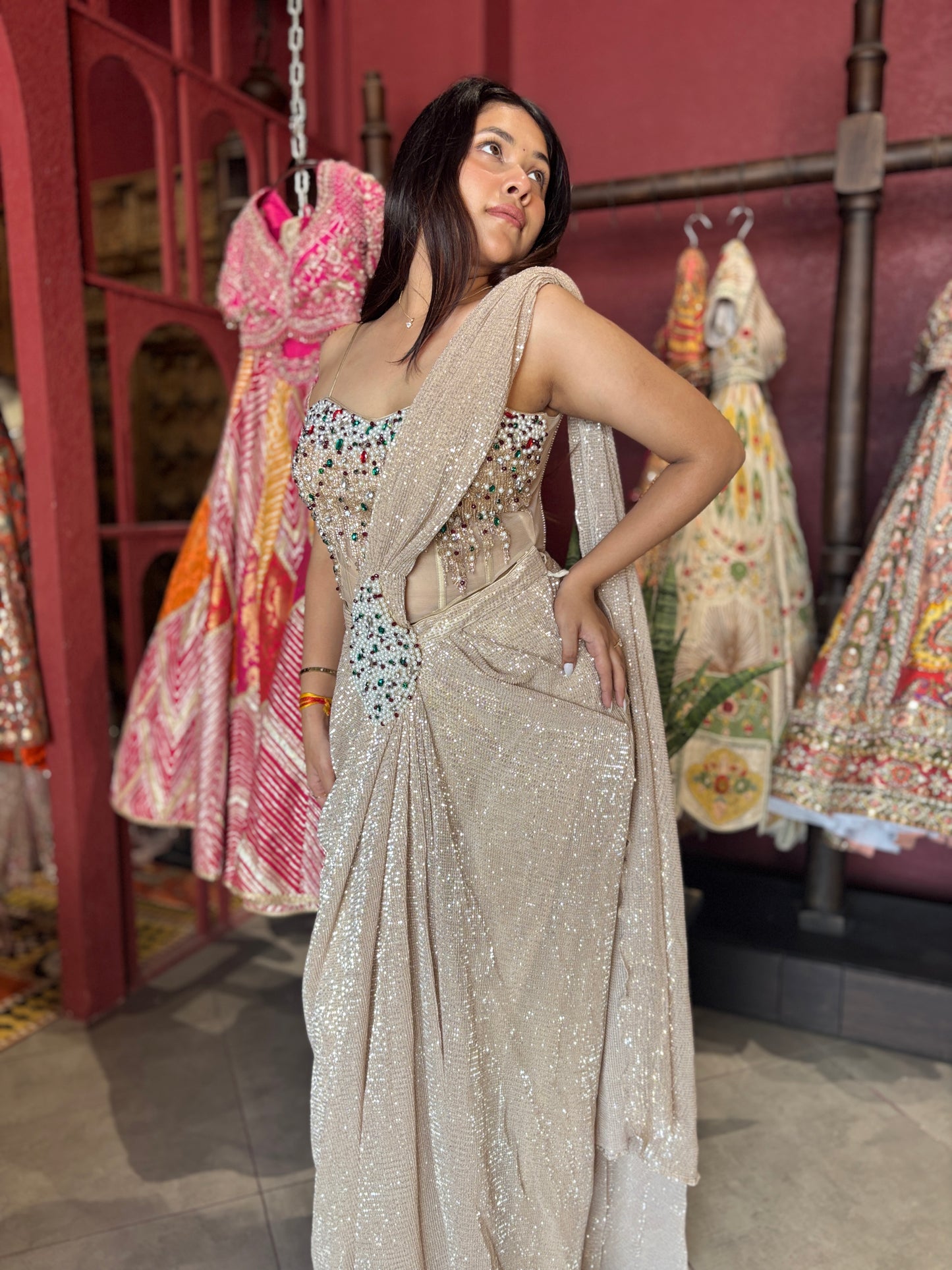 Designer Drape Saree with Multicolor Embellished Designer Blouse