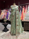Pistachio Green Embroidered Saree with Peacock Motifs