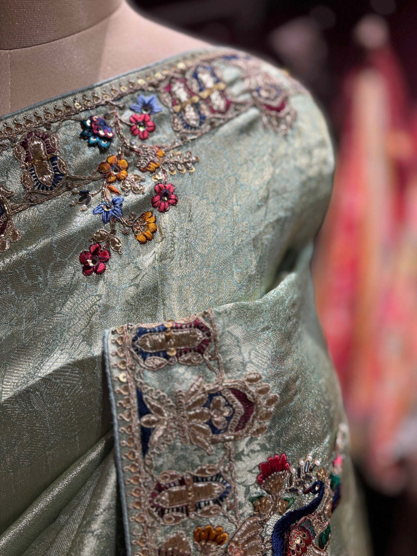 Pistachio Green Embroidered Saree with Peacock Motifs