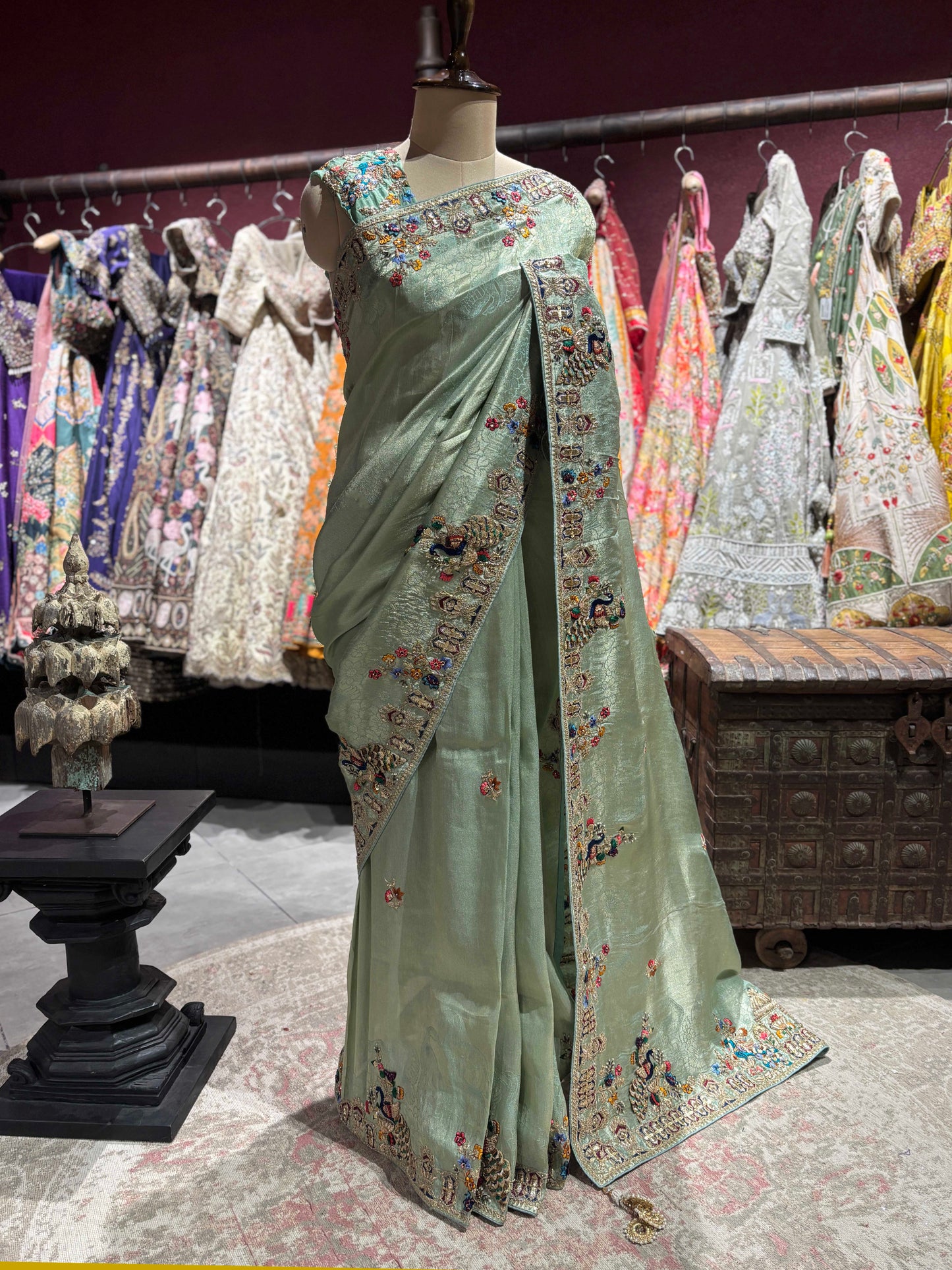 Pistachio Green Embroidered Saree with Peacock Motifs