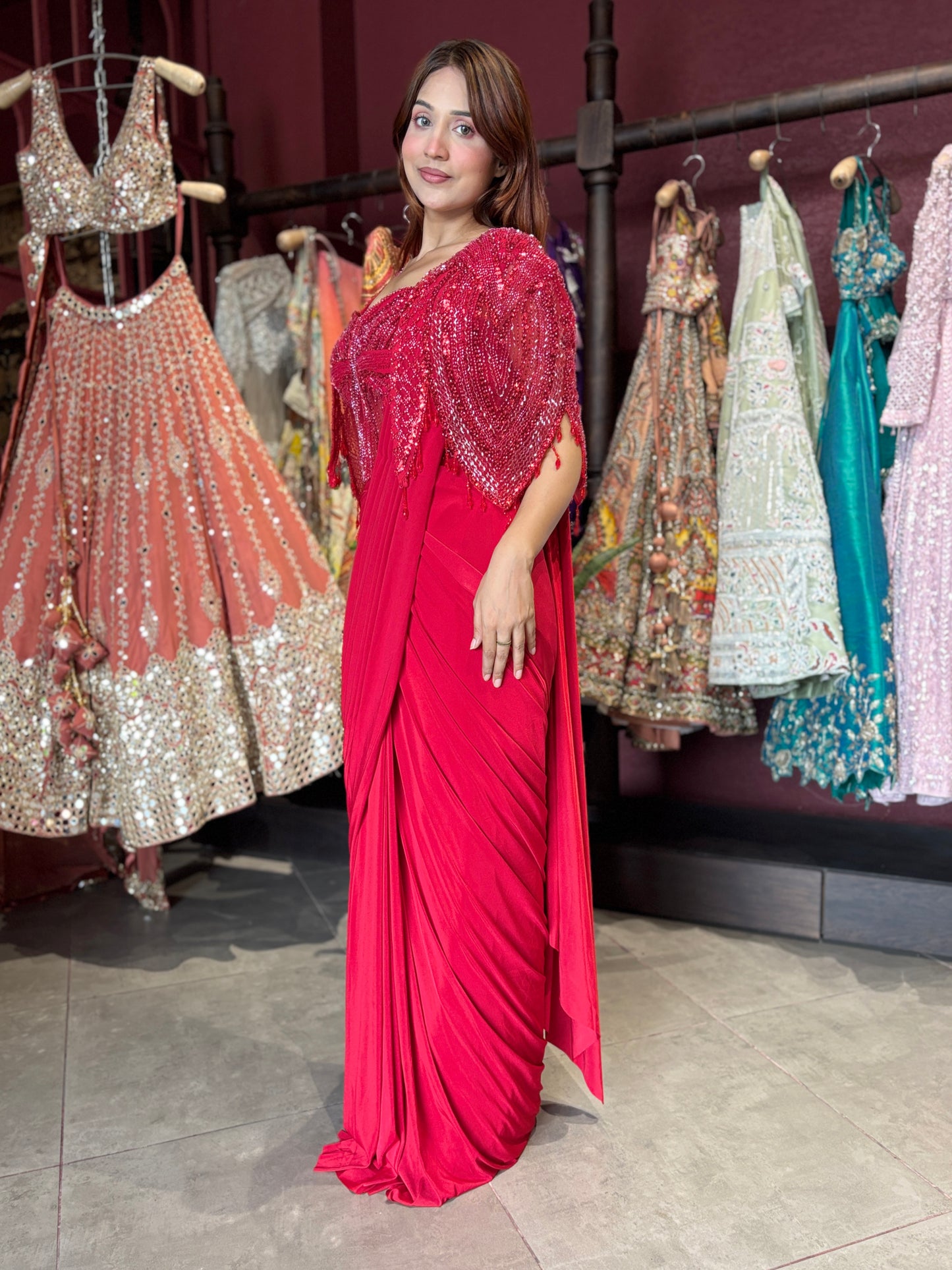 Designer Ready-to-Wear Drape Saree with Hand-Embellished Cape Blouse