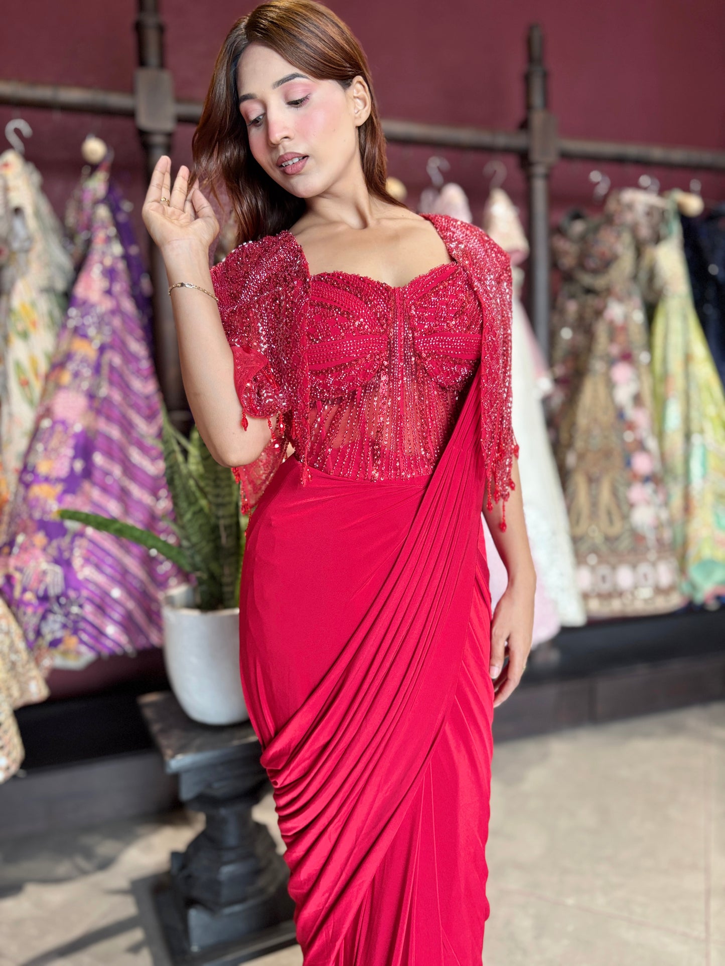 Designer Ready-to-Wear Drape Saree with Hand-Embellished Cape Blouse