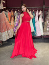 Ruby Red Sequins Designer Lehenga Set with Halter Neck Blouse