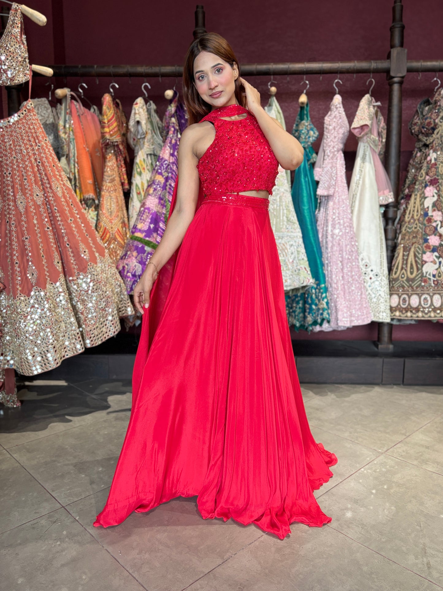 Ruby Red Sequins Designer Lehenga Set with Halter Neck Blouse