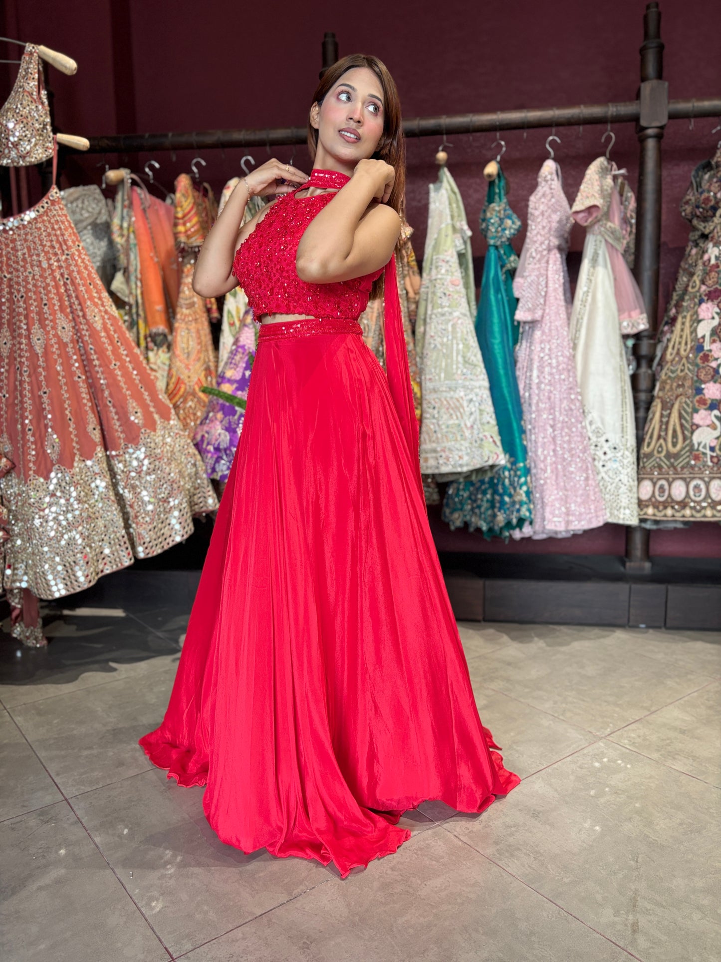 Ruby Red Sequins Designer Lehenga Set with Halter Neck Blouse