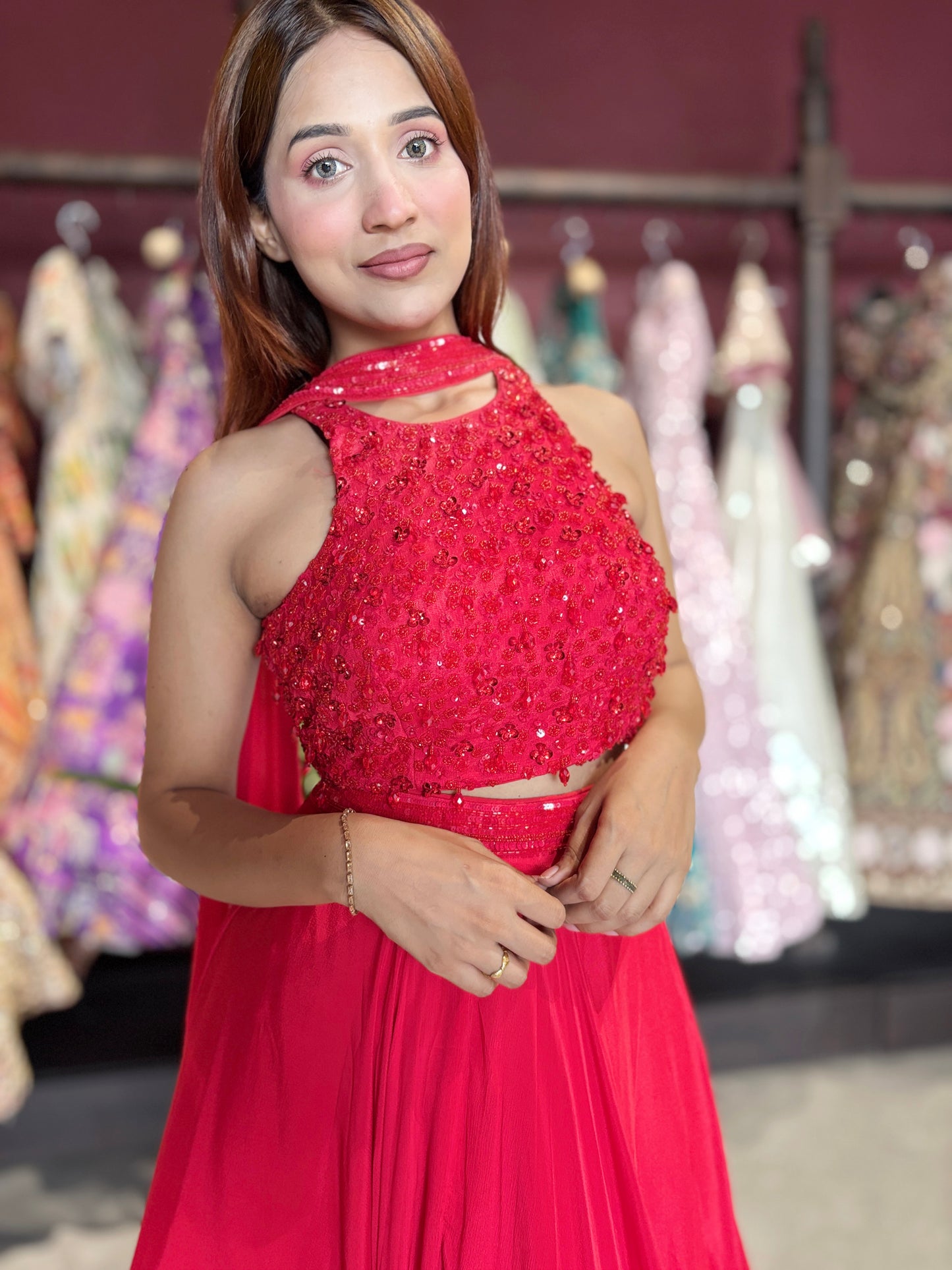 Ruby Red Sequins Designer Lehenga Set with Halter Neck Blouse