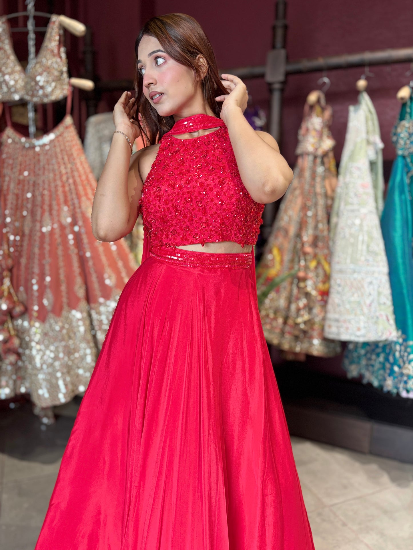 Ruby Red Sequins Designer Lehenga Set with Halter Neck Blouse