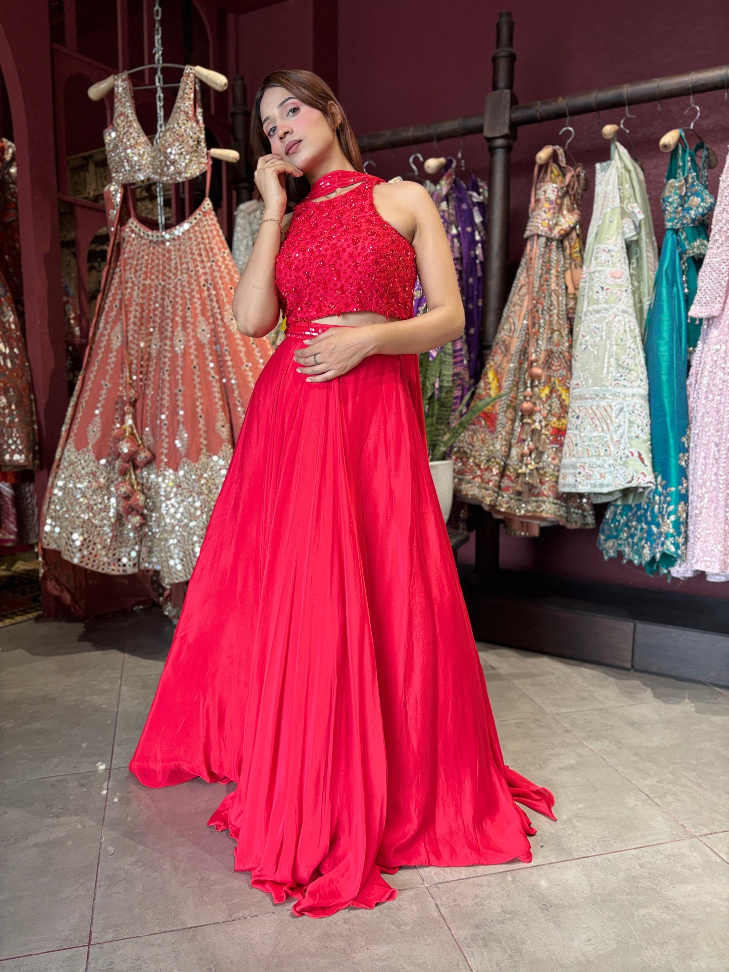 Ruby Red Sequins Designer Lehenga Set with Halter Neck Blouse