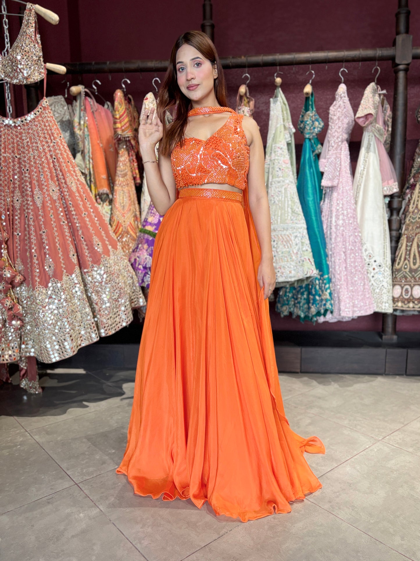 Orange Designer Georgette Lehenga with Embellished Crop Top & Dupatta