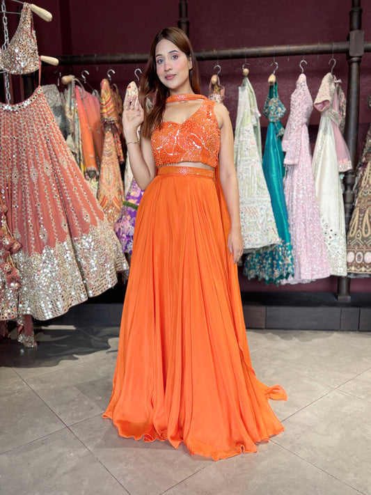 Orange Designer Georgette Lehenga with Embellished Crop Top & Dupatta