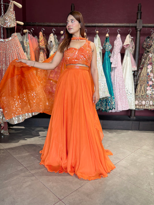 Orange Designer Georgette Lehenga with Embellished Crop Top & Dupatta