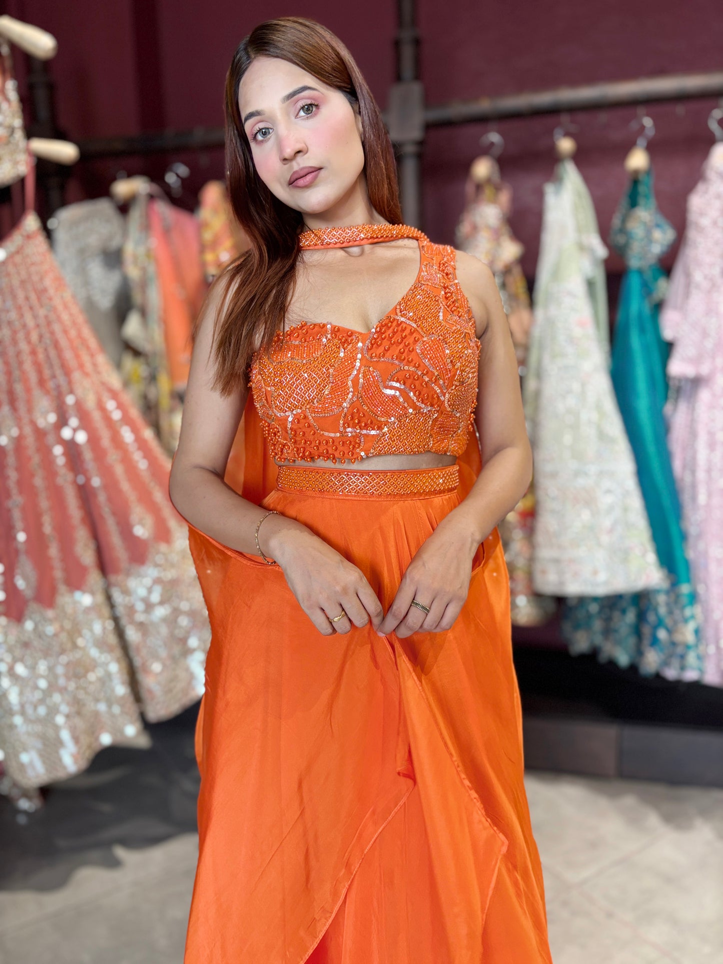 Orange Designer Georgette Lehenga with Embellished Crop Top & Dupatta