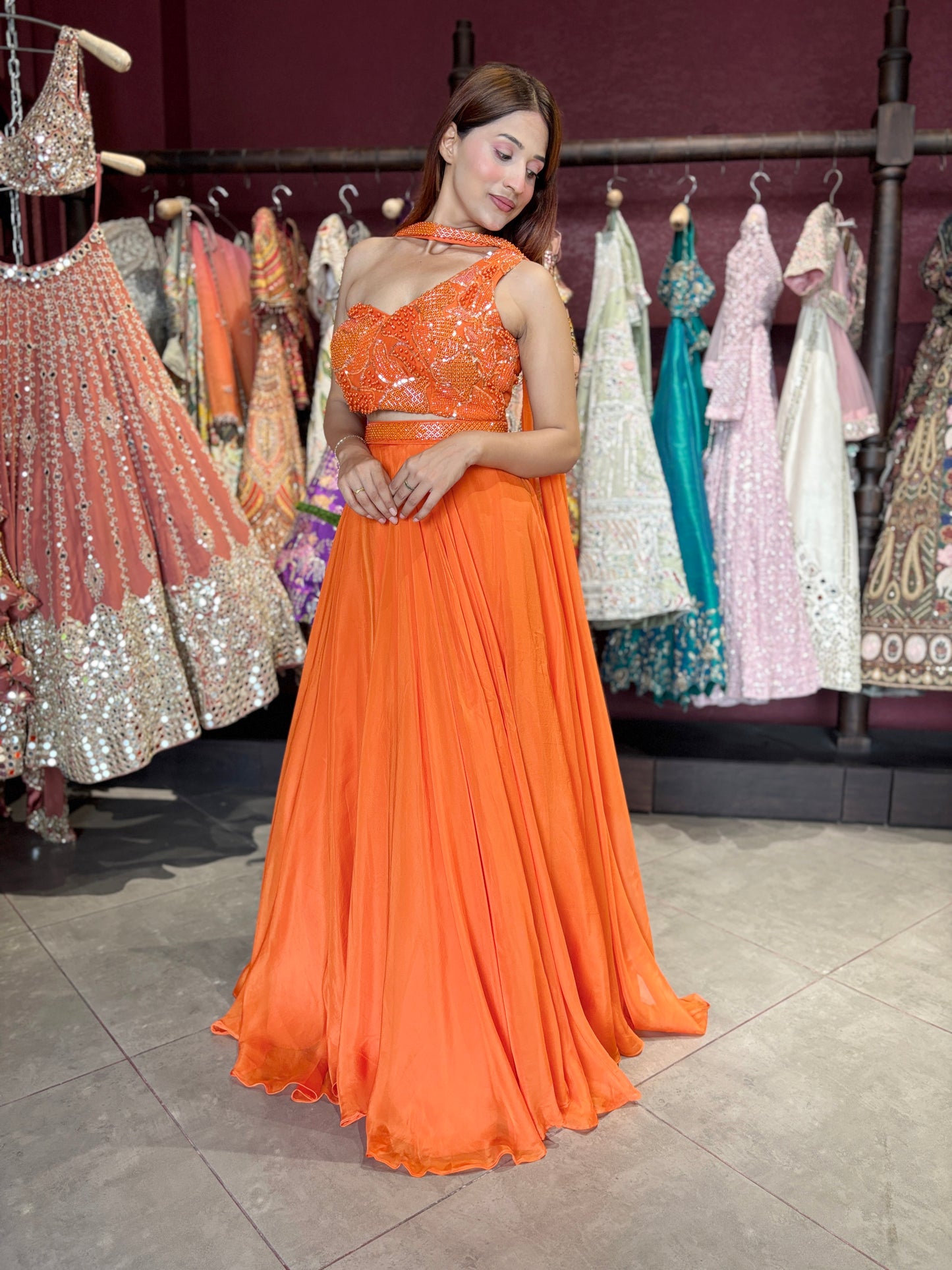 Orange Designer Georgette Lehenga with Embellished Crop Top & Dupatta