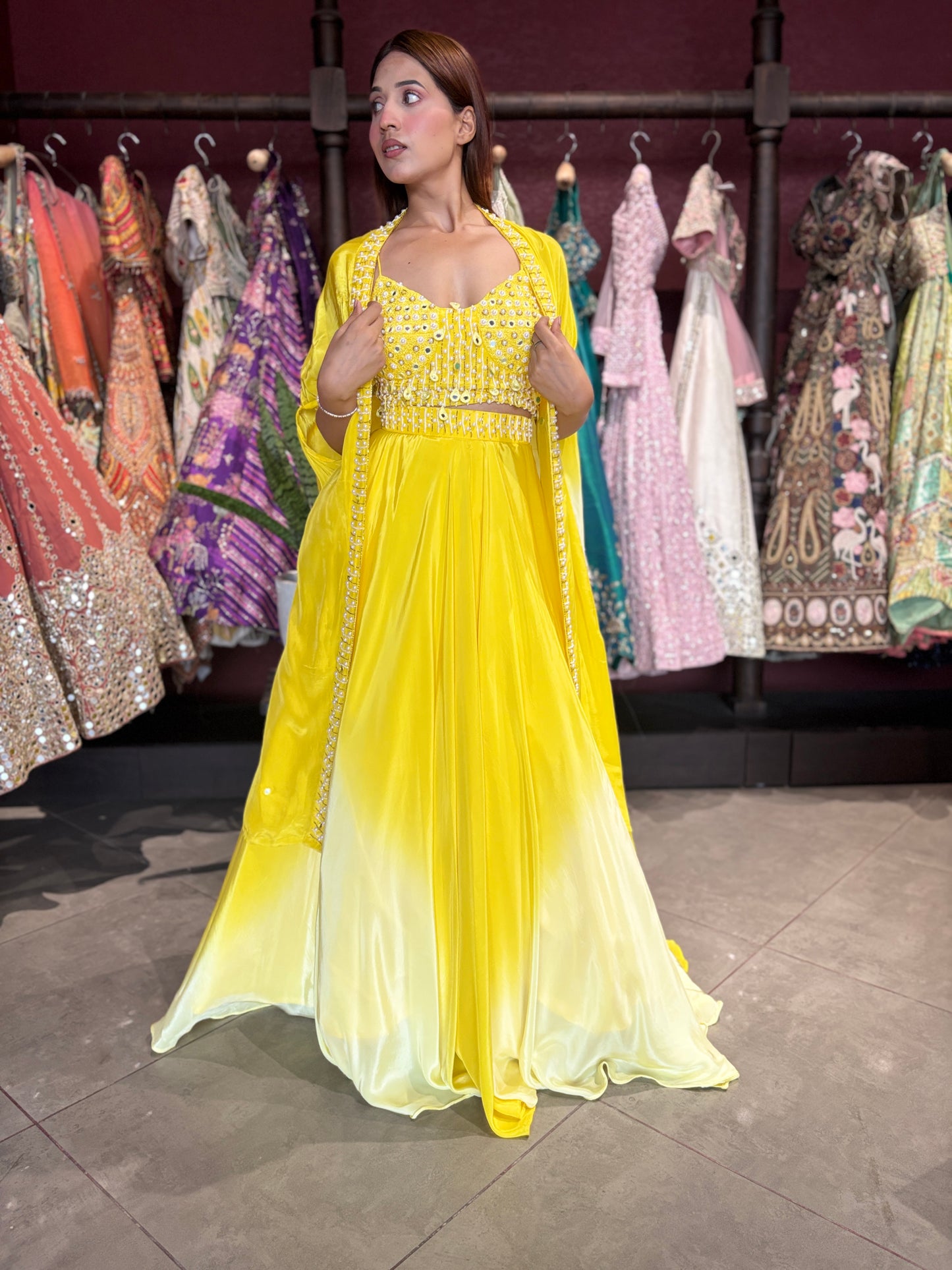 Yellow Ombre Designer Lehenga with Mirror Work Blouse & Dupatta