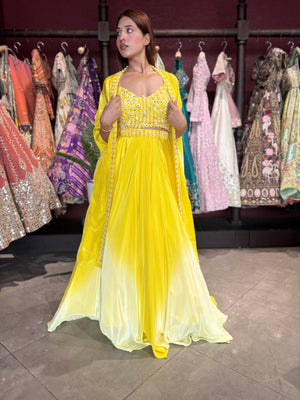 Yellow Ombre Designer Lehenga with Mirror Work Blouse & Dupatta