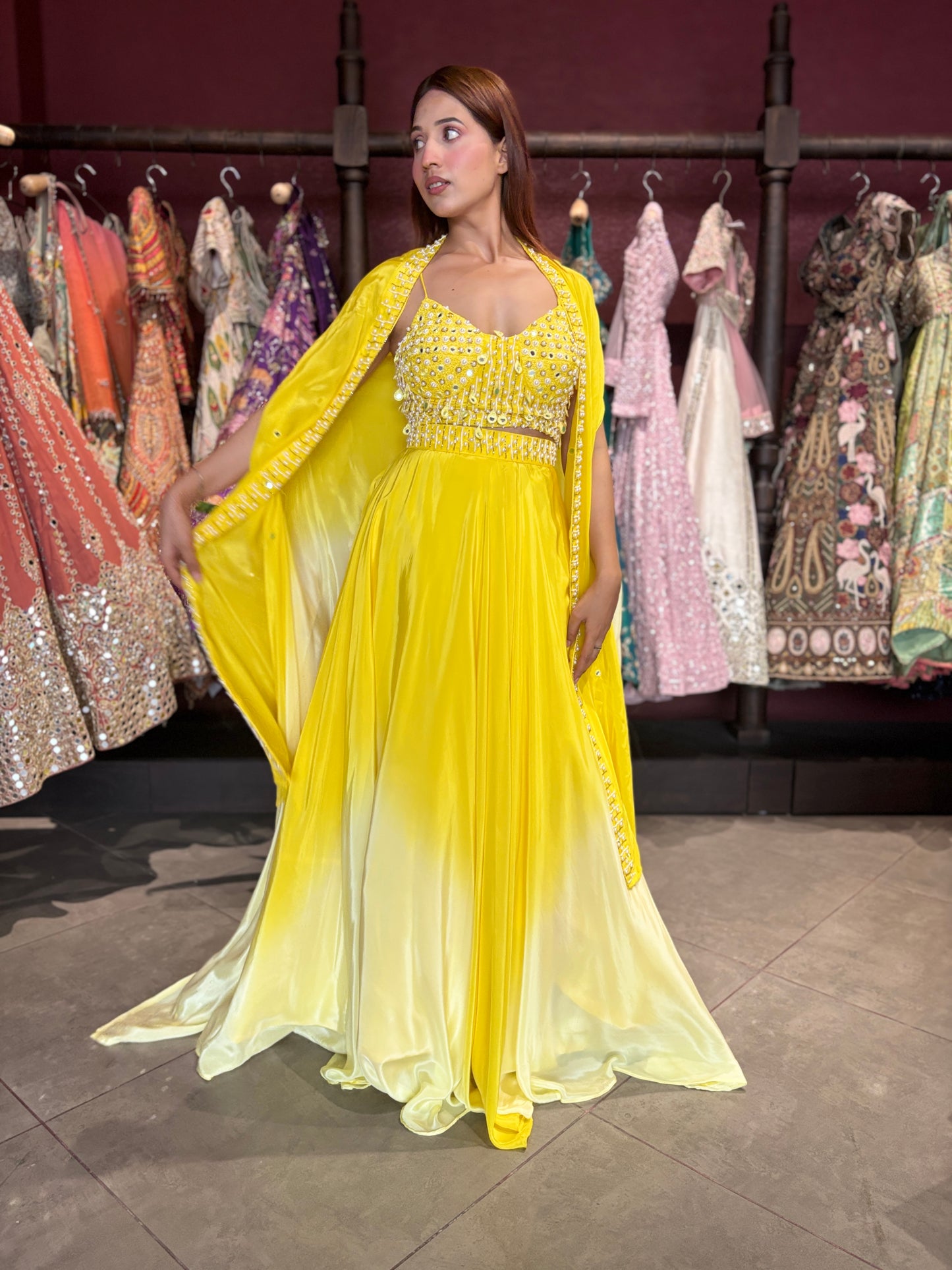 Yellow Ombre Designer Lehenga with Mirror Work Blouse & Dupatta