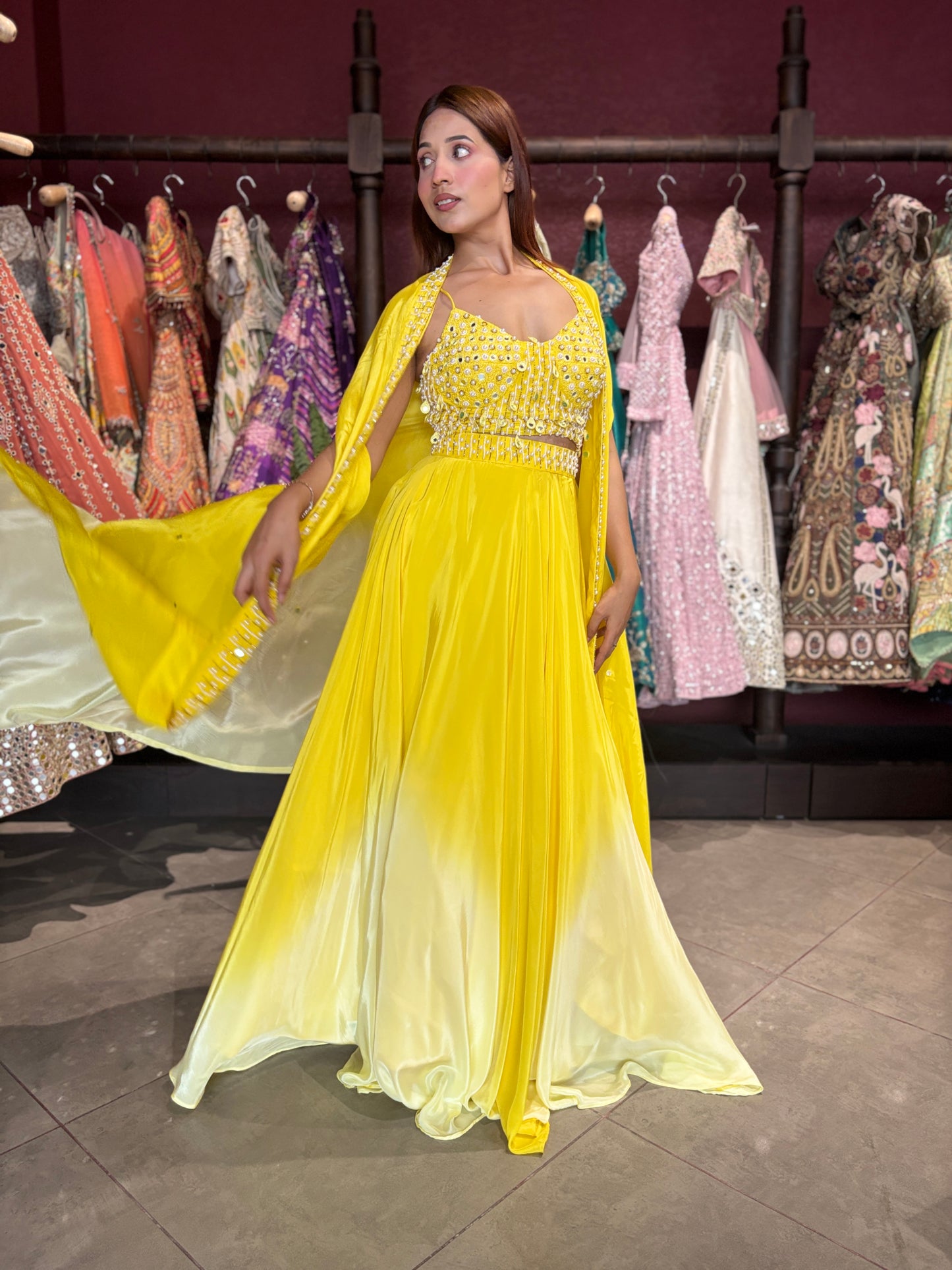 Yellow Ombre Designer Lehenga with Mirror Work Blouse & Dupatta