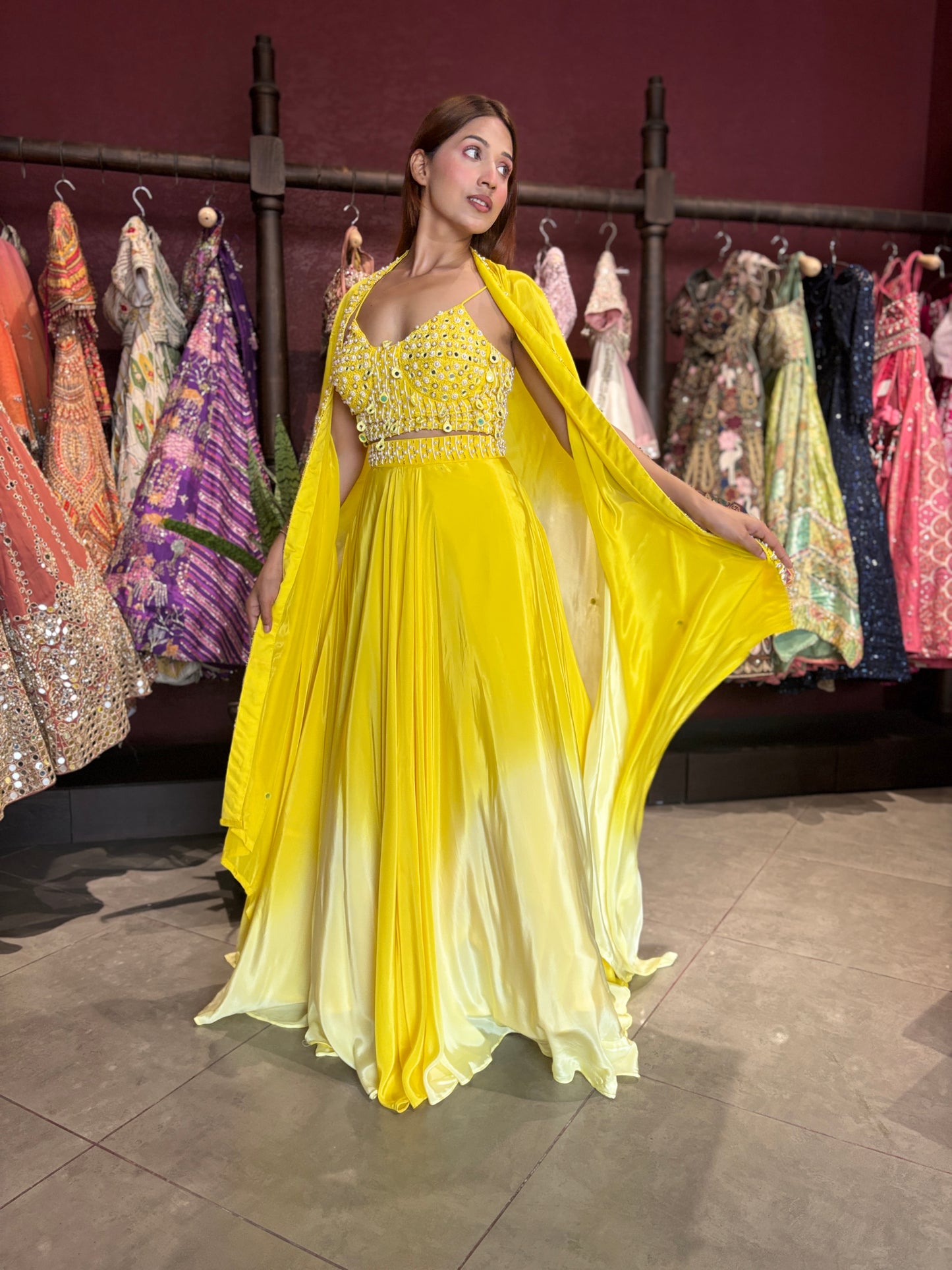 Yellow Ombre Designer Lehenga with Mirror Work Blouse & Dupatta
