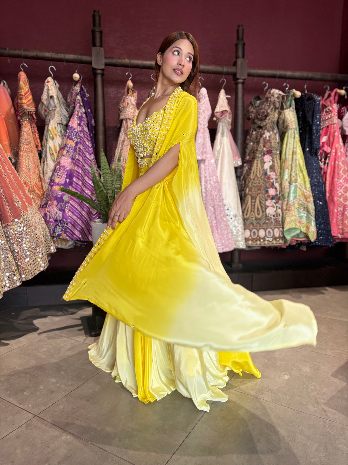 Yellow Ombre Designer Lehenga with Mirror Work Blouse & Dupatta