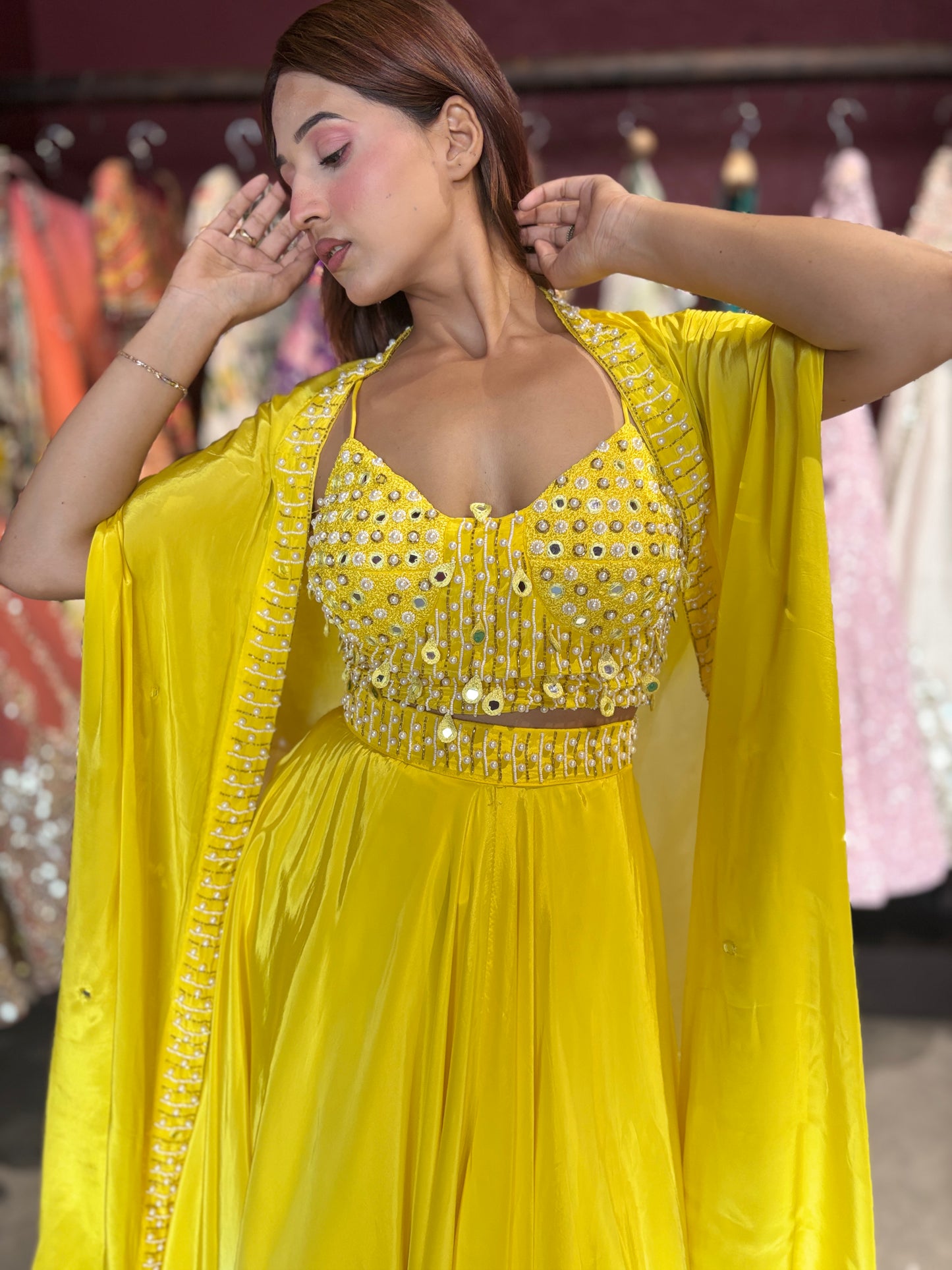 Yellow Ombre Designer Lehenga with Mirror Work Blouse & Dupatta